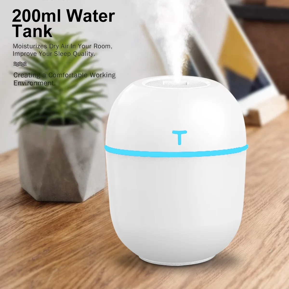 Modern Humidifier with Automatic Shut-Off, USB Personal Desktop, Colorful Cool Mini - White Model D999DB