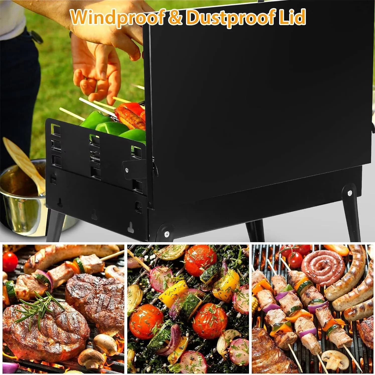 Charcoal Grill Stylish with Foldable, Portable - Black Metal for Outdoor, Camping Model 74812A
