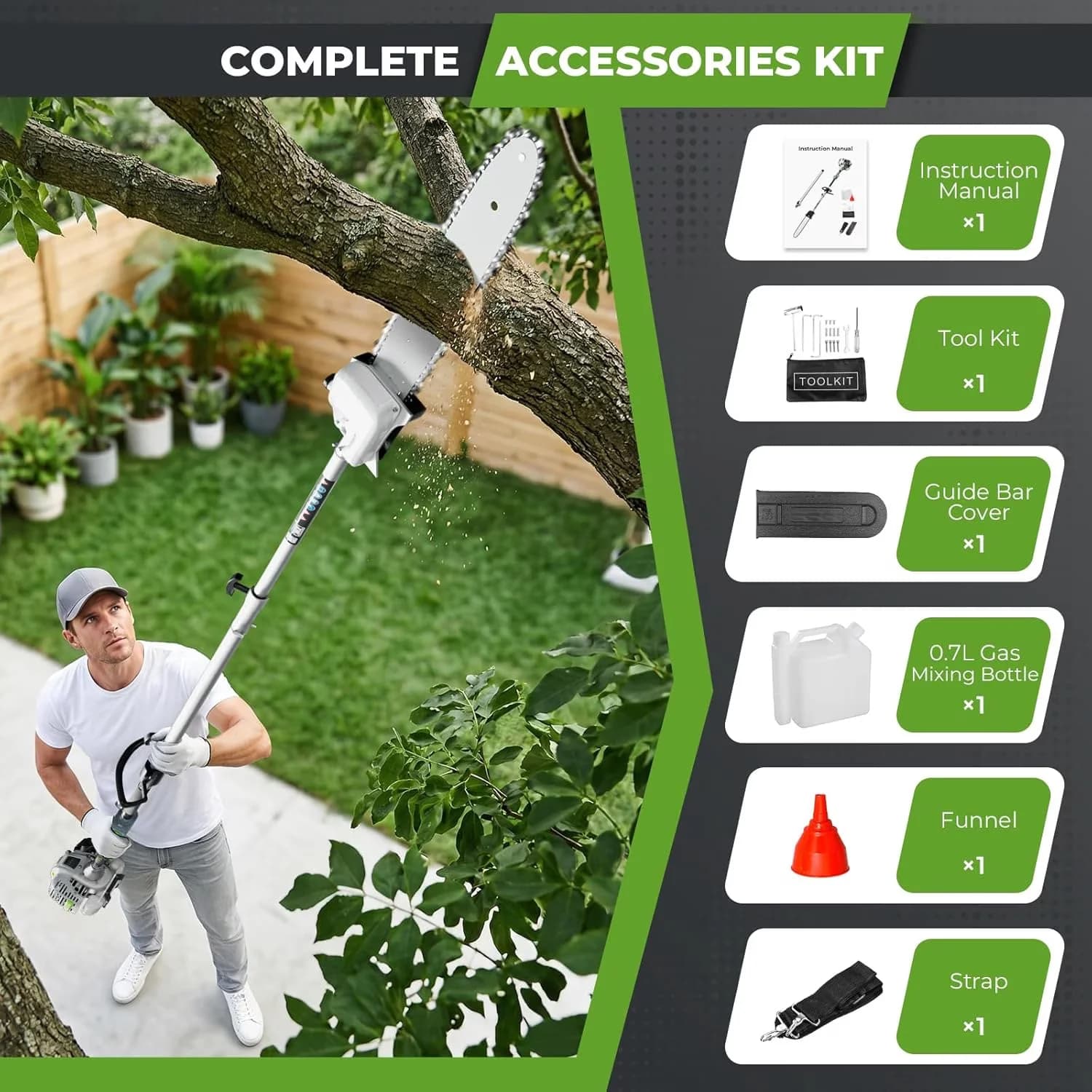 Pole Saw Professional with Anti-Vibration, Safety Lock & Shoulder Strap - Green Model 3BAAF7