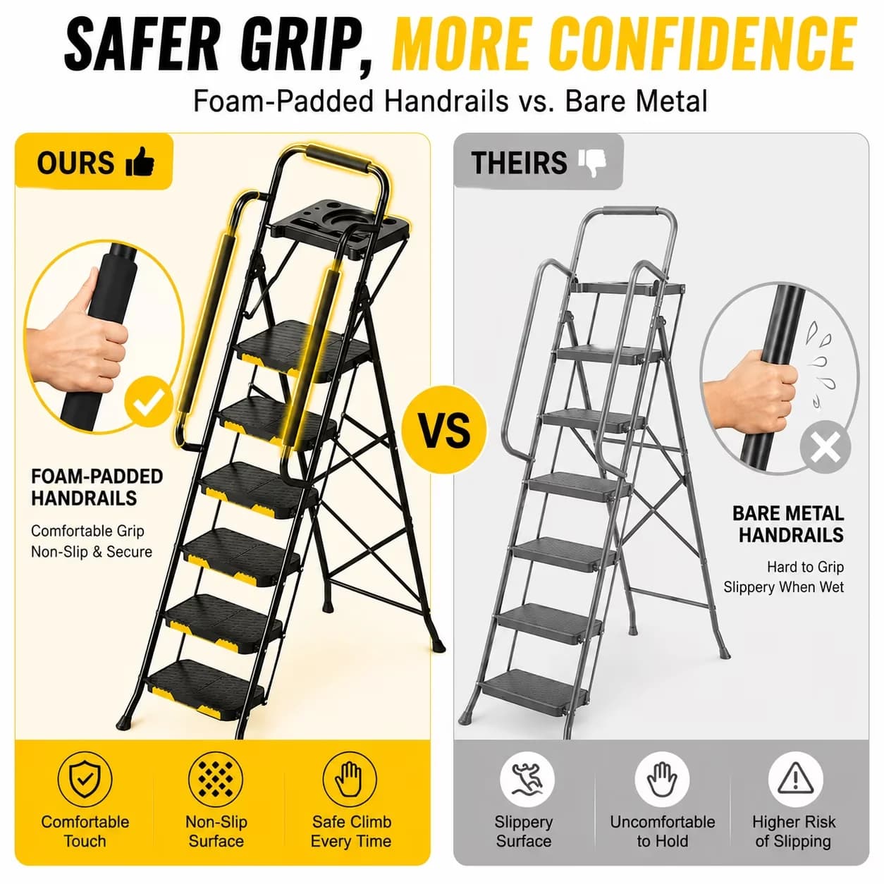 Ladders And Step Stool Reliable with Metal Frame, Lock-On Button, Black - Black Metal, Pp Model CC1190