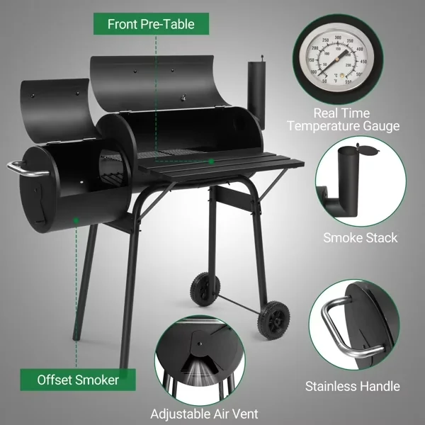 Quality Smoker with Adjustable Charcoal Tray, Locking Lid - Black High-Temperature Powder Coating, Enamel Grilling Rack, Stainless... Model CAF937