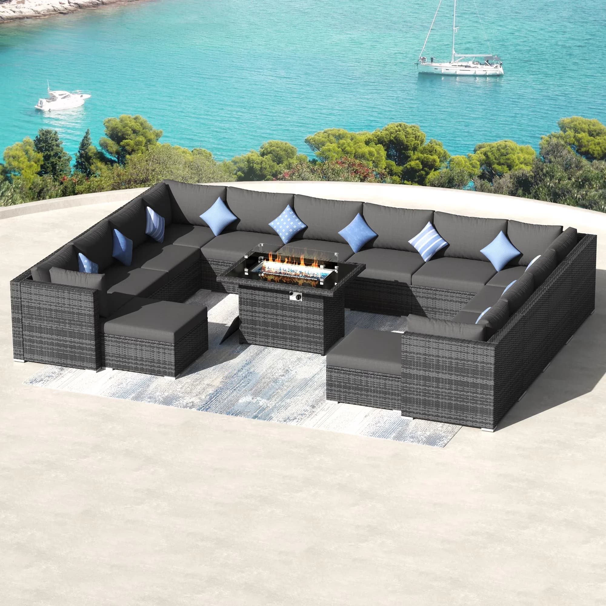 Versatile Outdoor Sofas Sectional with 60000 BTU, Modern, Removable Seat Cushion - Gray Powder-Coated Alloy Steel Model 85DCAB