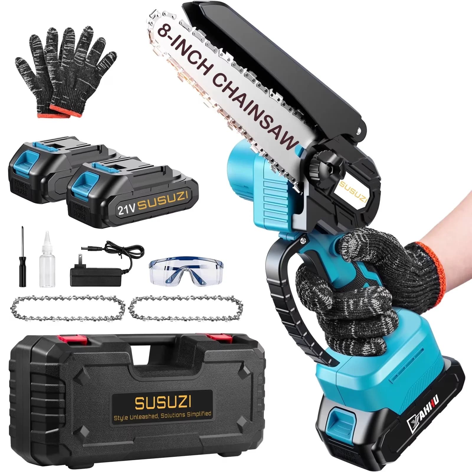 Premium Chainsaw with Battery, Automatic Chain Oiler, 8-Inch Cordless - Blue Model 360A37