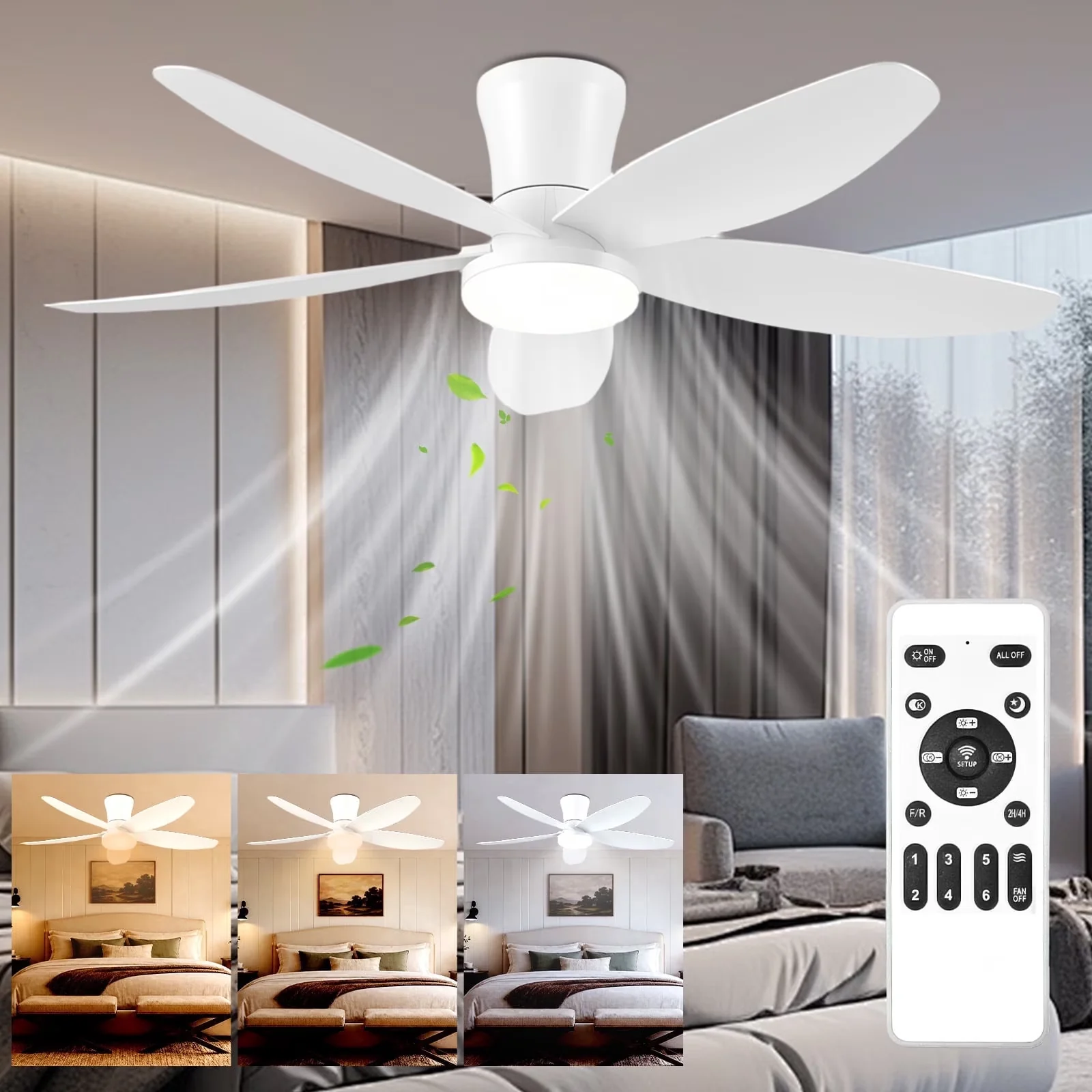 Ceiling Fan Stylish with LED, Energy Efficient - White for Bedroom, Kitchen Model 444CC6