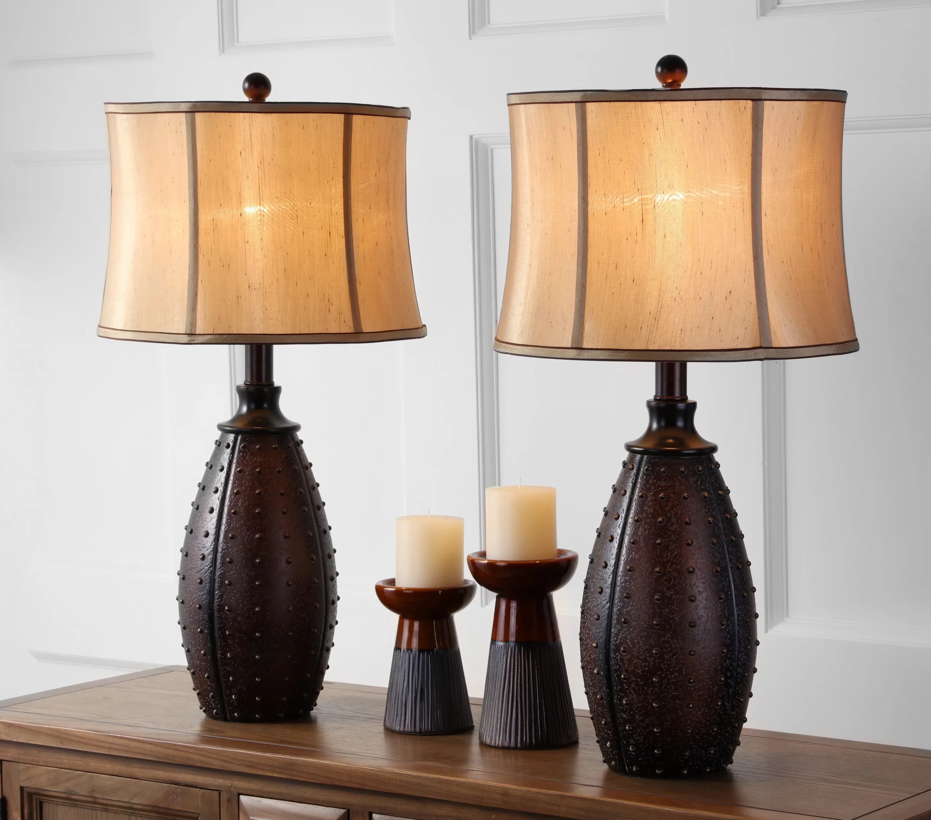 Sleek Lamp Set with Transitional, Metal Finish: Brown, Beige Polyester Shade - Resin Brown Model FC2A57