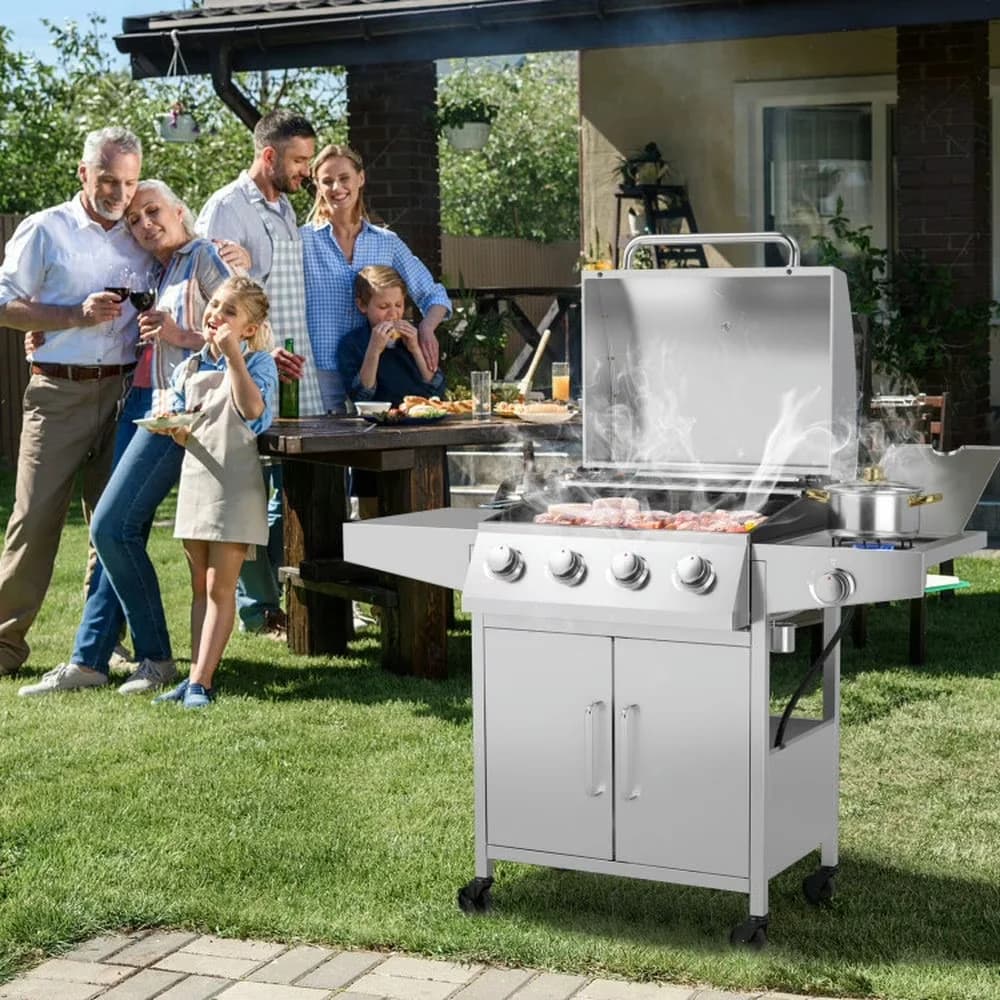 Efficient Gas Grill with 50000 BTU, 5-Burner Propane - Silver Stainless Steel, Chrome-Plated Metal for Outdoor, Kitchen Model 604CFD
