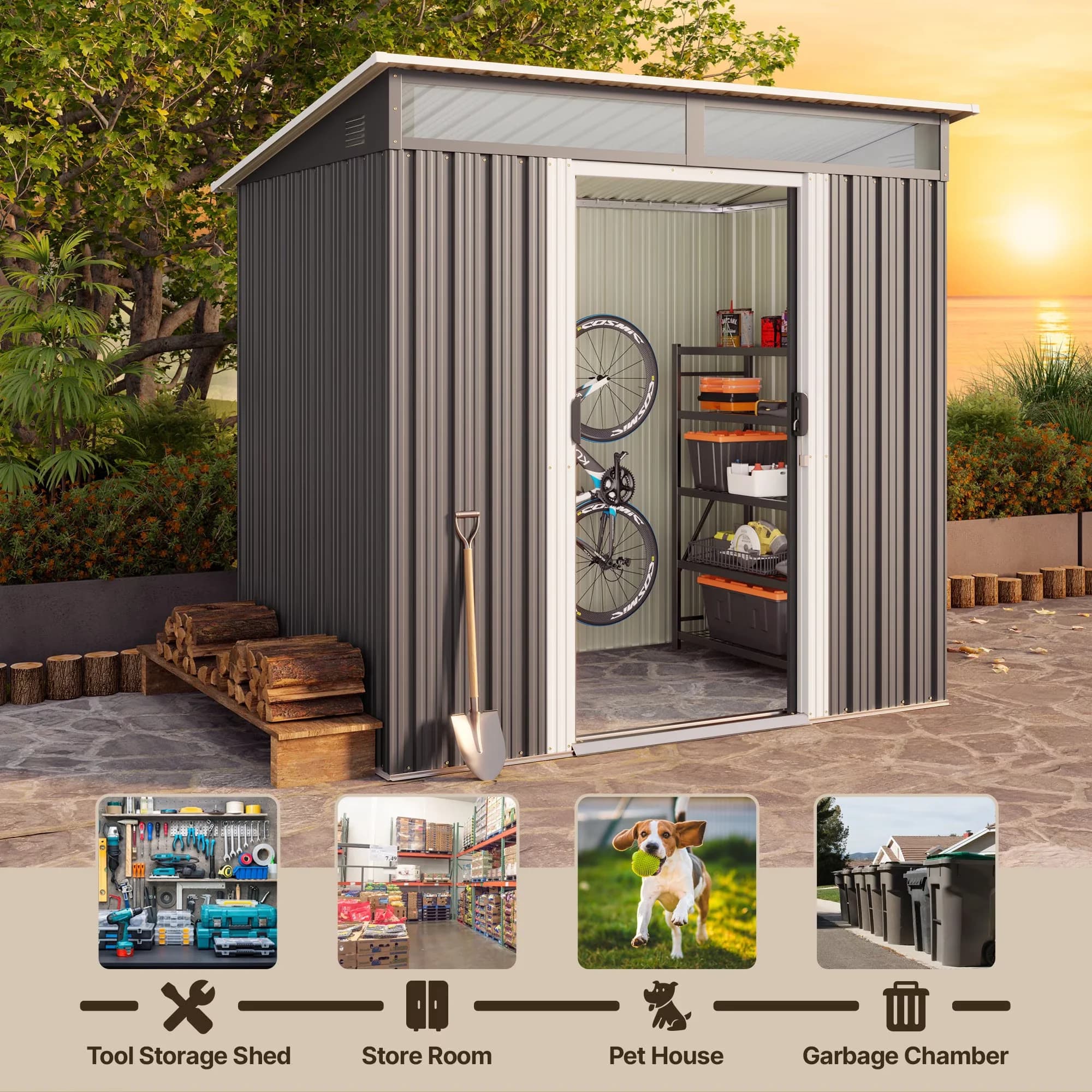 Shed Durable with Waterproof, Lockable Door - Gray Heavy-Duty Galvanized Steel Model 1EB428