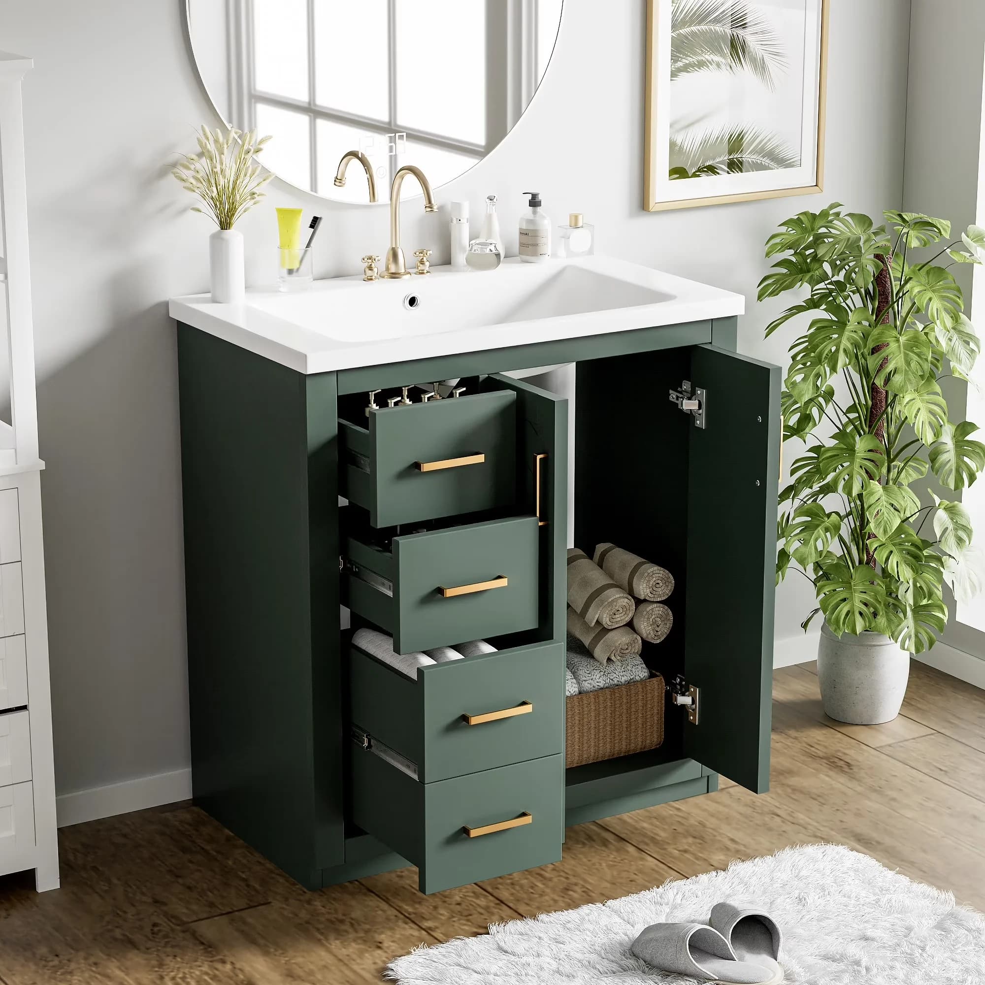 Reliable Bathroom Renovation with 30'' Vanity, Ceramic Sink Combo, Solid Wood Frame Storage Cabinet - Model 7D0649