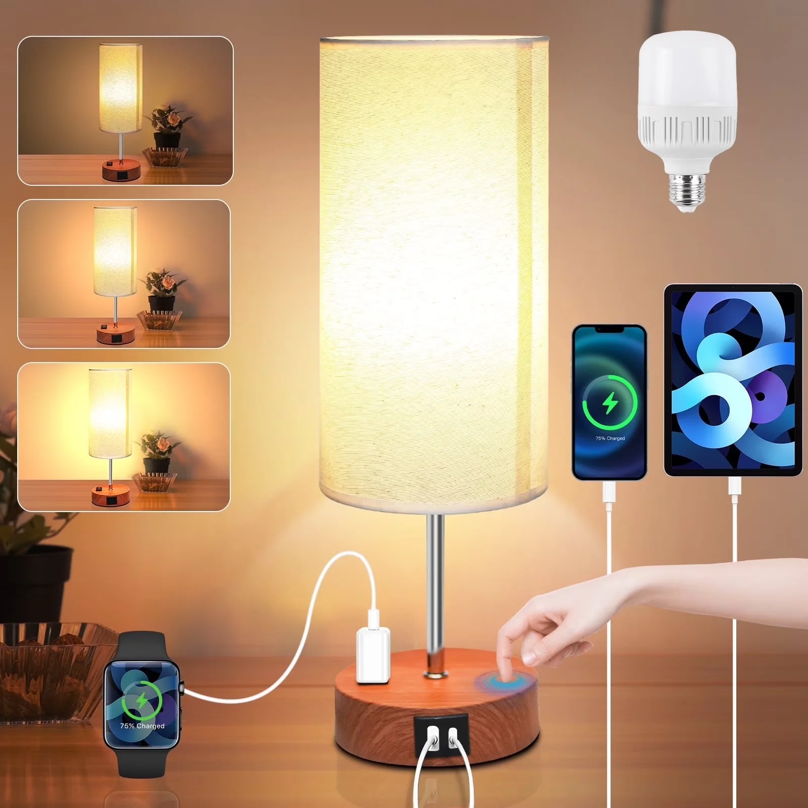 Reliable Lamp with Incandescent, Bedside Lamps, Dimmable - Yellow Wood for Bedroom Model 0B7BE2