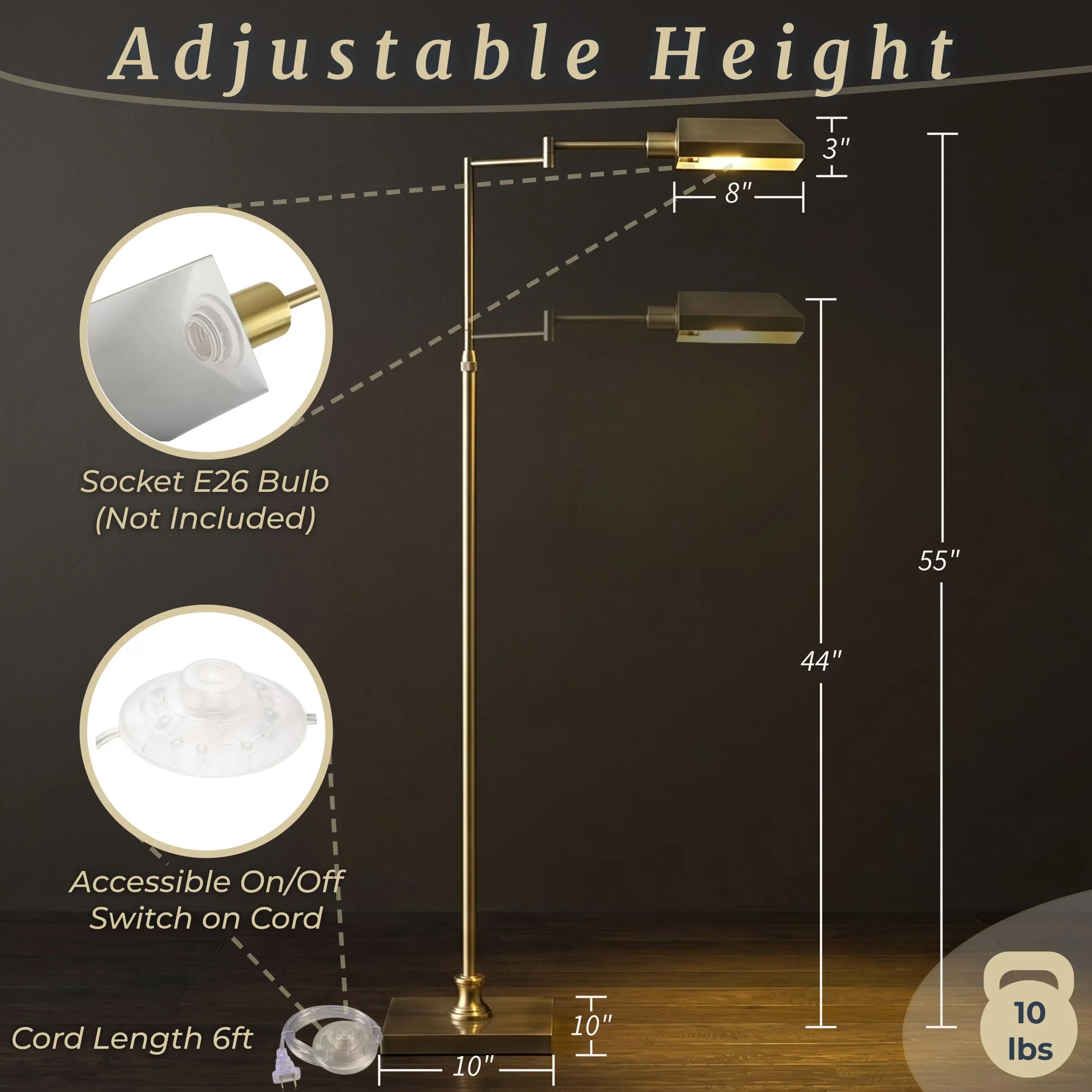 Durable Floor Lamp with LED, Industrial, Swing Arm Lamps - Gold Metal Adjustable Model DD6242