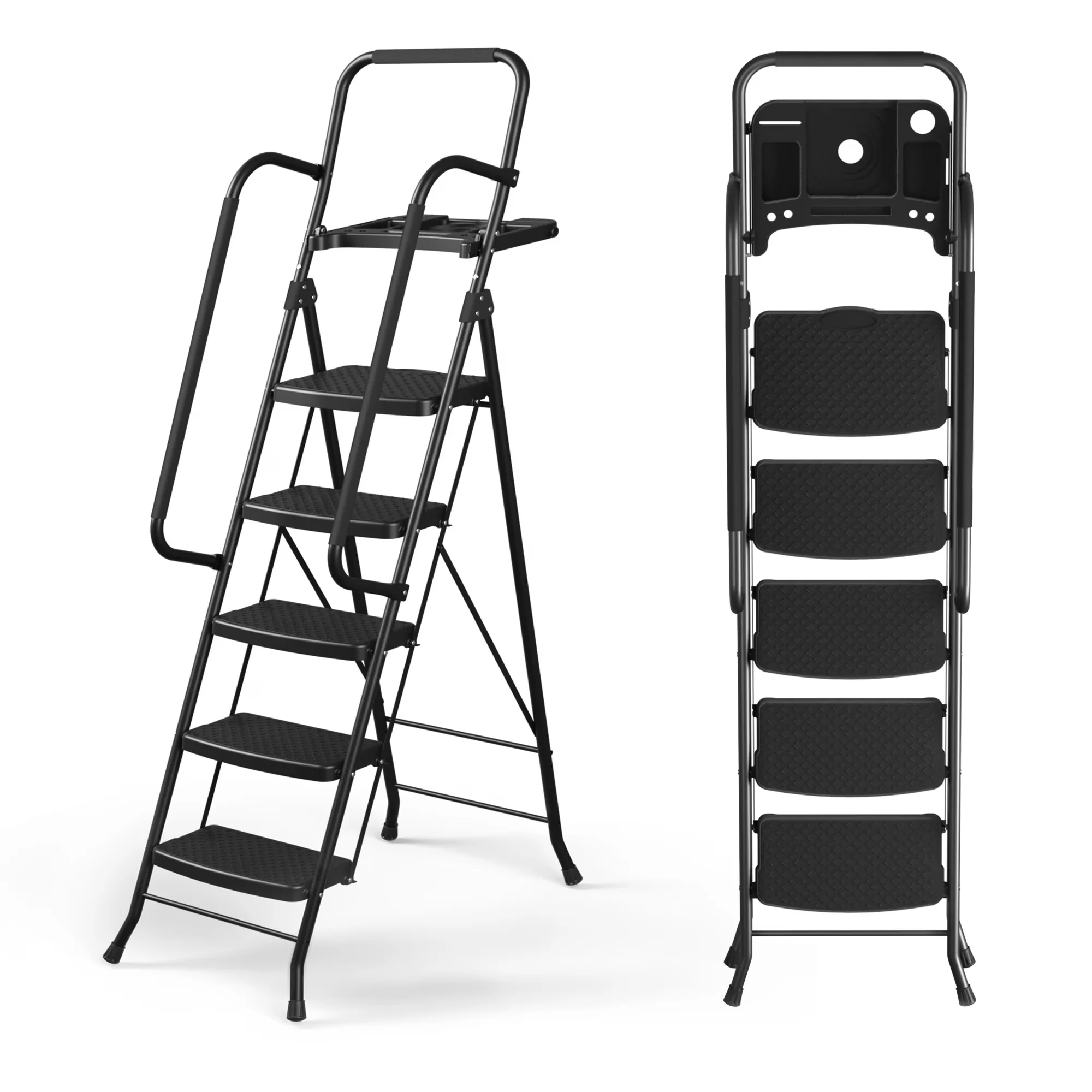 Premium Ladders And Step Stool with Lock-On Button, Safety Lock - Metal Black Model 7CEDB2