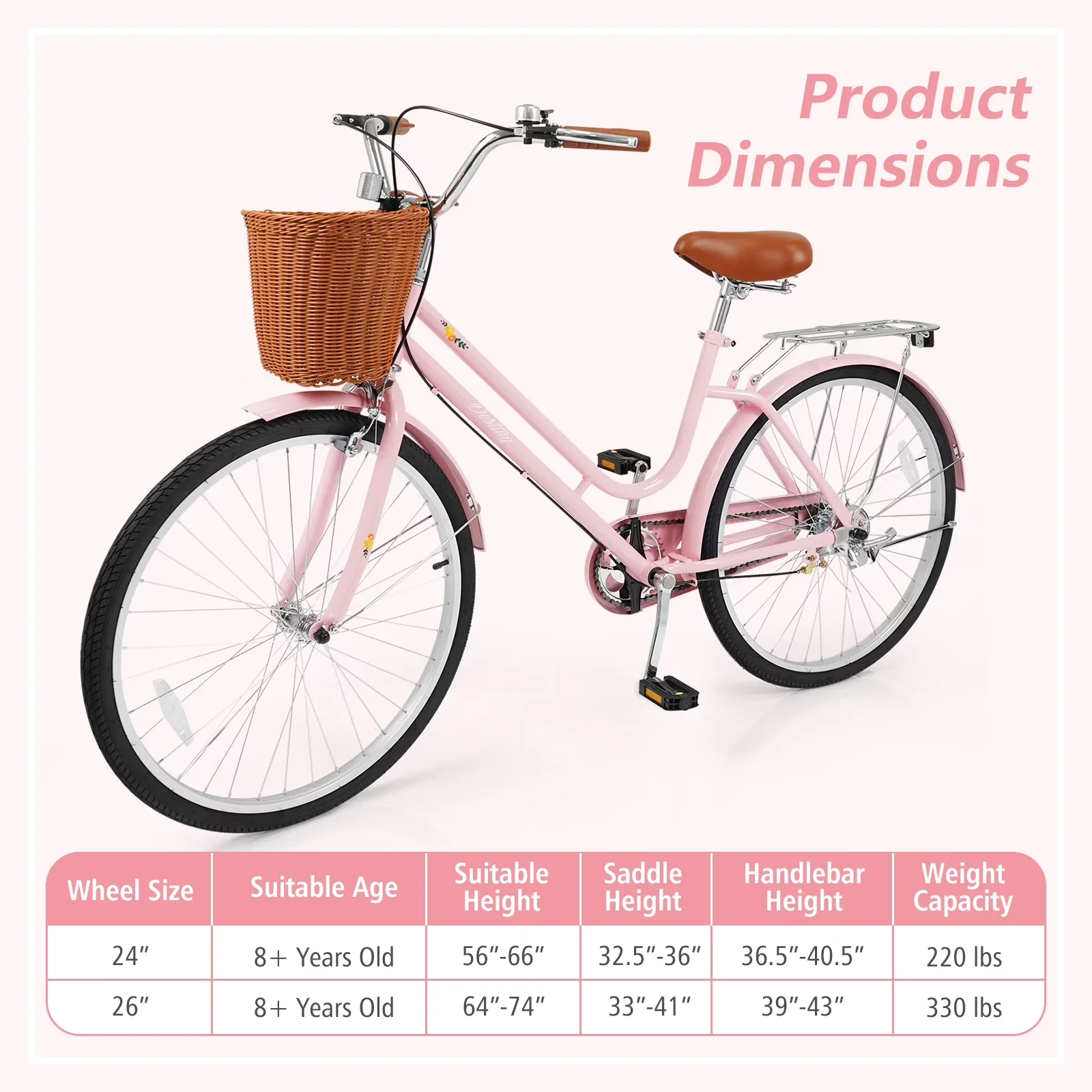 Premium Cruiser Bike with Adjustable Seat, 26-Inch Beach, Woven Basket & Rear Rack - Pink Model 2D2DD1