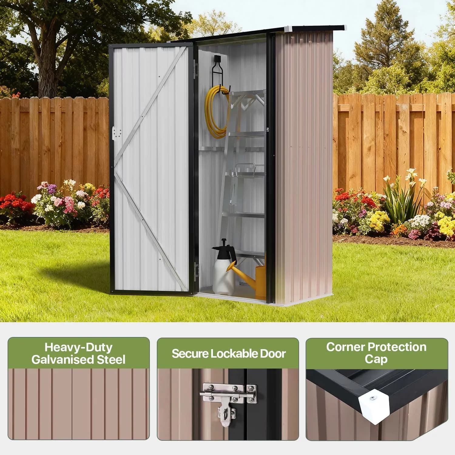 Shed Quality with Lockable Door, Metal Tool, 3x3 ft Small Outdoor Storage - Brown Steel for Garden Model B67F14