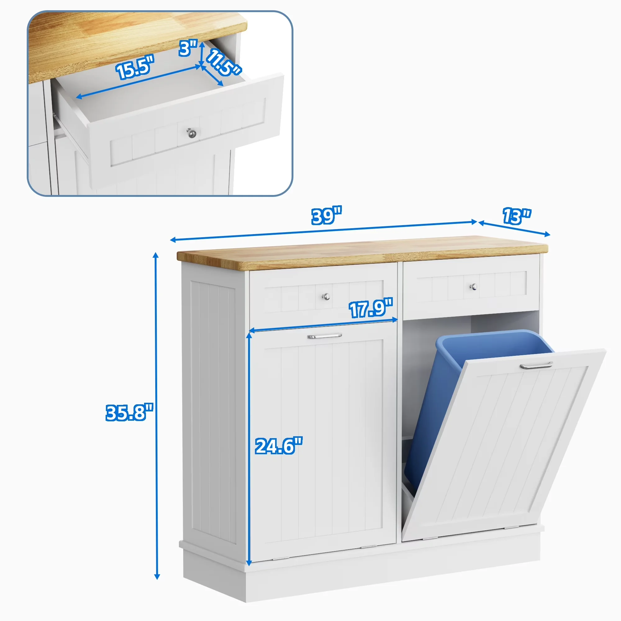 Reliable Kitchen Renovation with Modern, Double Tilt Out Trash Cabinet, 35.83 x 12.99 x 39.37 inches - White Wood Model 12BDDA