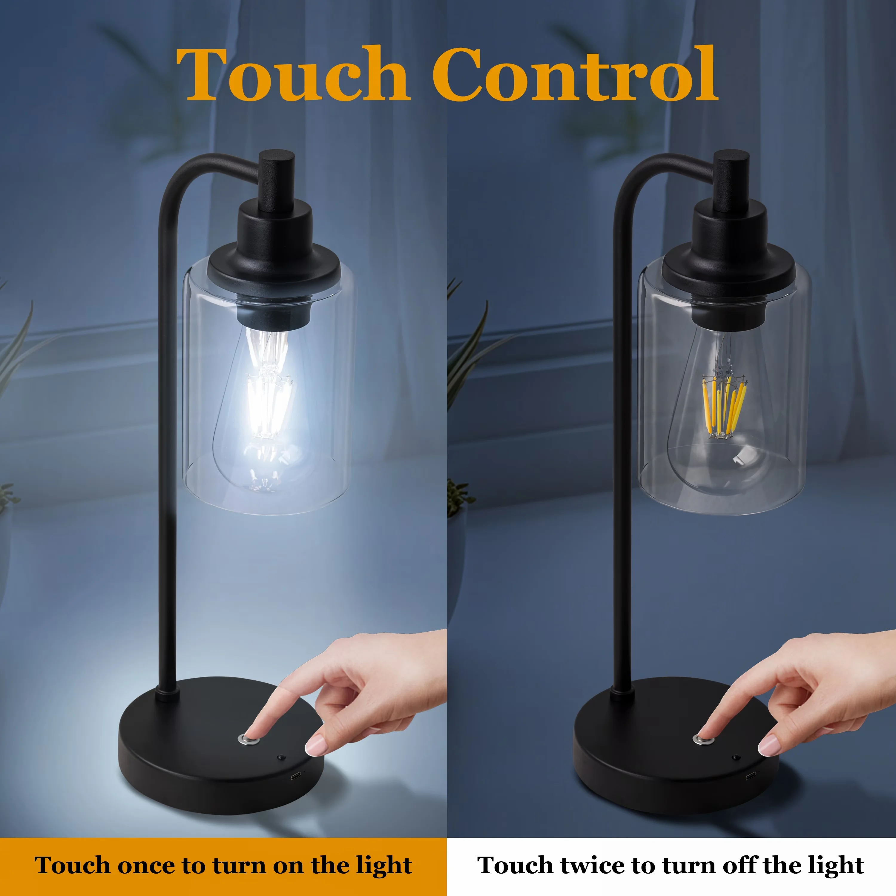 Efficient Lamp with LED, Battery, 2-Pack 16” 3CCT Dimmable Cordless Table - Steel, Glass Black Model 3CD87E