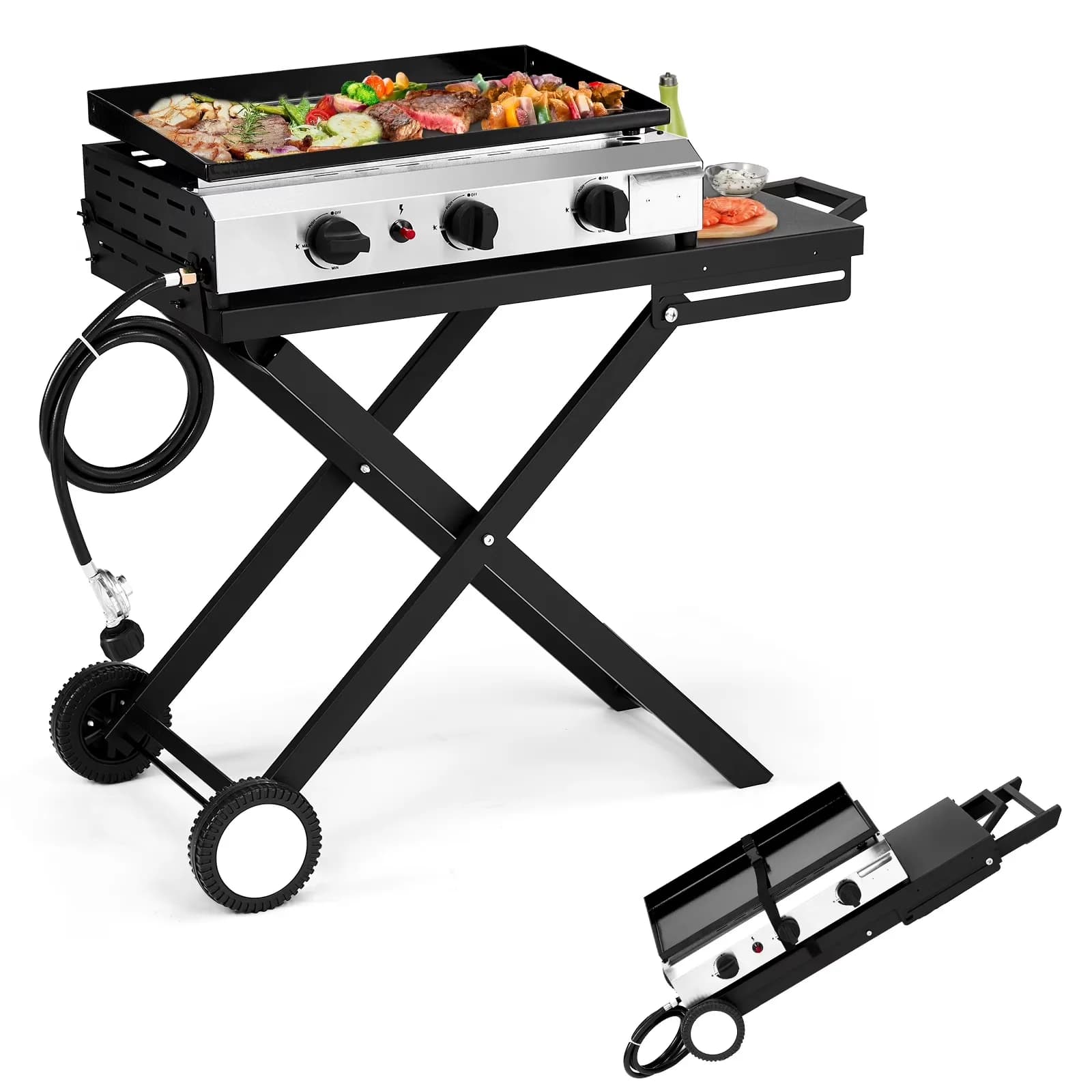 Premium Gas Grill with 30000 BTU, Storage Rack, Ceramic Coated Cast Iron Pan - Enamel Black Model 5C558C