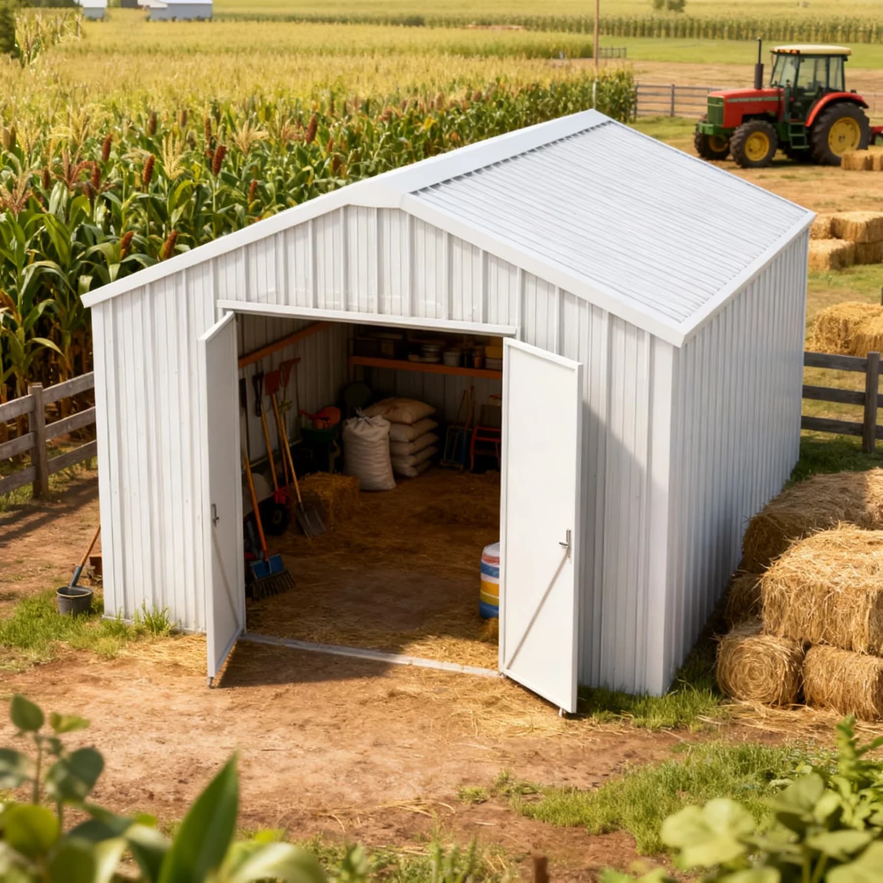 Stylish Shed with Water-Resistant, Waterproof, Rust Resistant - Off-White Q235 Metal for Car, Garden Model 0942B9