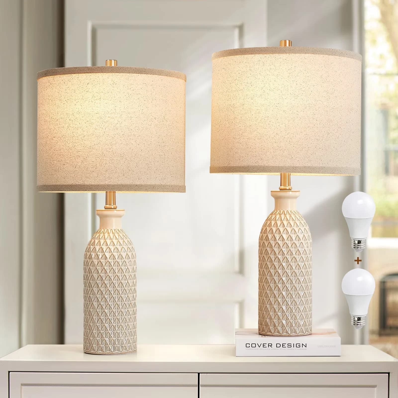Professional Table Lamp with LED, Bedside Lamps, Ceramic Lamps Set of 2 - Beige Ceramic Model 5C92A3