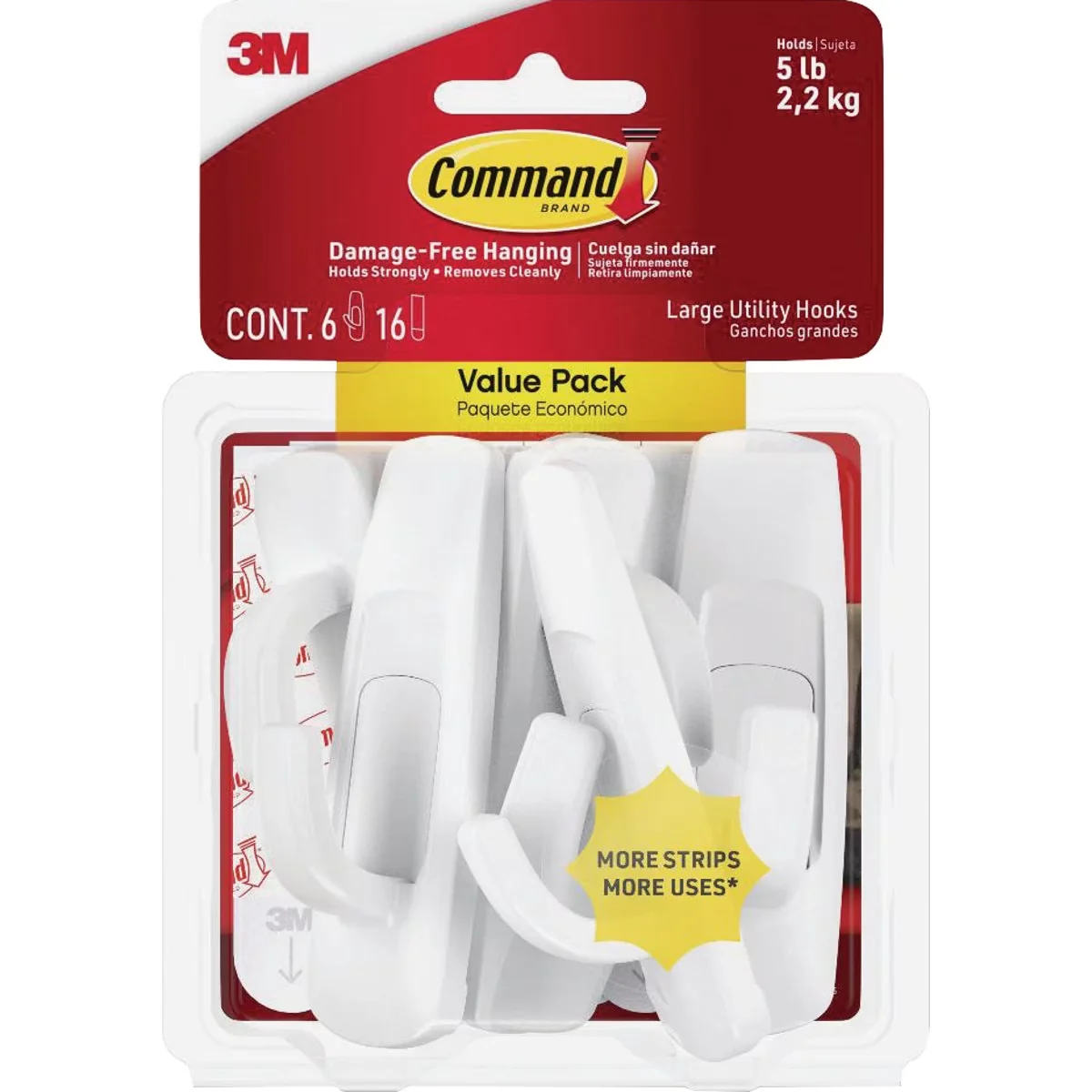 Damage-Free Hanging Reliable with 6 Hooks, Large Hook Value Pack, 12 Strips - Model 5A670B