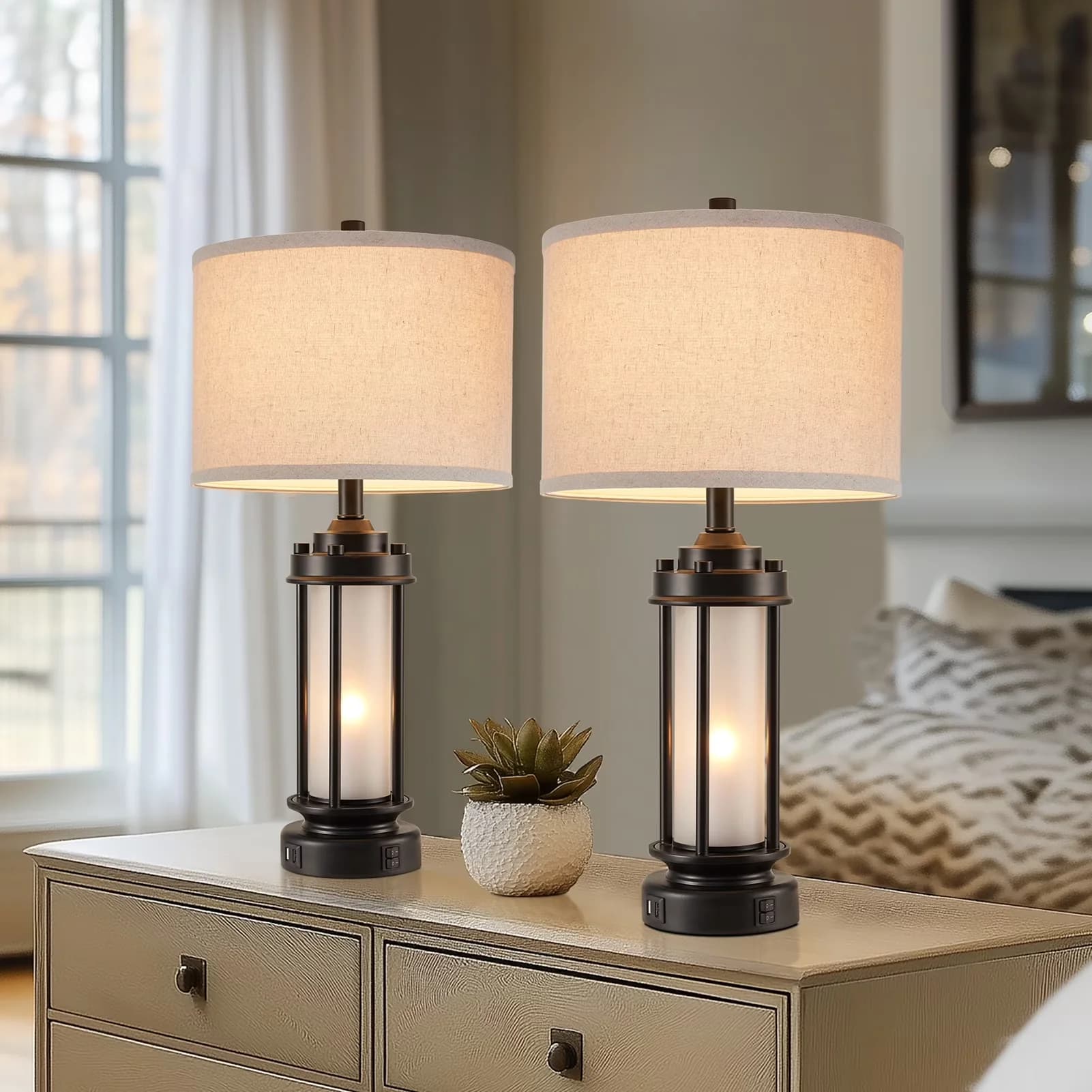 Lamp Set Quality with LED, Bedside Lamps - Metal Black for Living Room Model D46C90
