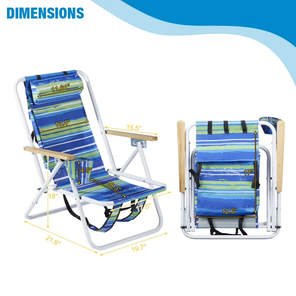 Compact Beach Chair with Folding, Adjustable, Wooden Armrest and Cup Holder - Steel, Oxford Fabric Model 694227