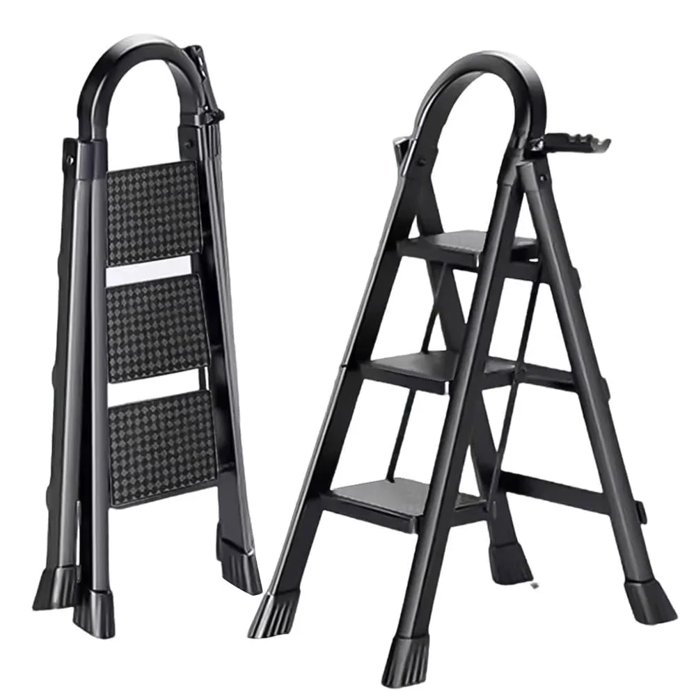 Ladders And Step Stool Stylish with Stackable, Foldable, 3 Ladder Folding - Black Carbon Alloy Steel for Home, Kitchen Model E150E6