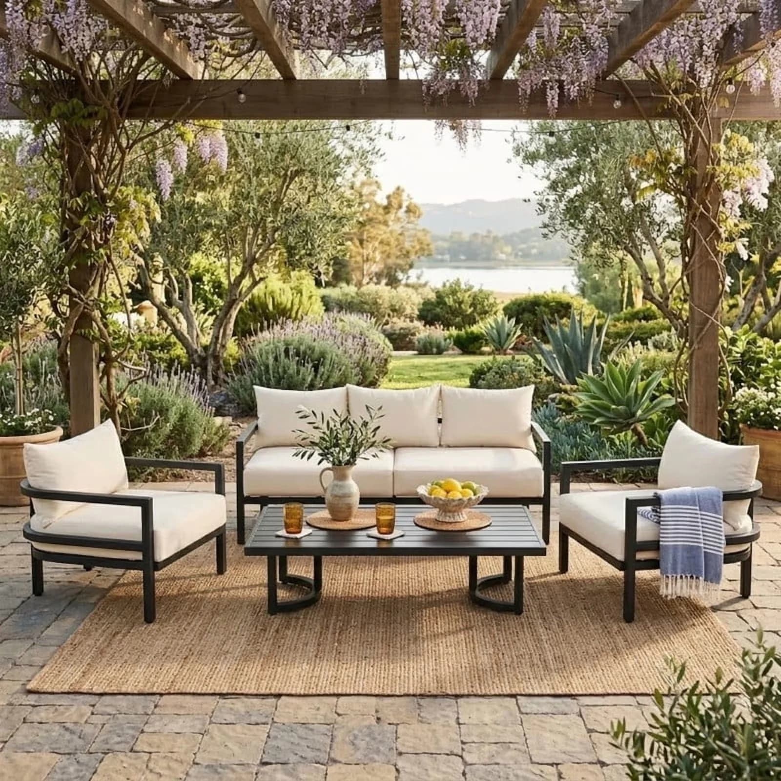 Stylish Patio Conversation Set with Coffee Table, Furniture, Cushions - Beige Steel for Garden Model FCCACE