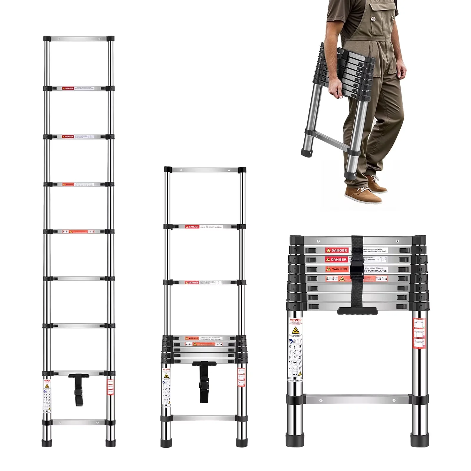 Ladders And Step Stool Efficient with Telescoping, Telescoping Ladder, Non-Slip Feet - Silver Stainless Steel for Home, Rv Model 187B16