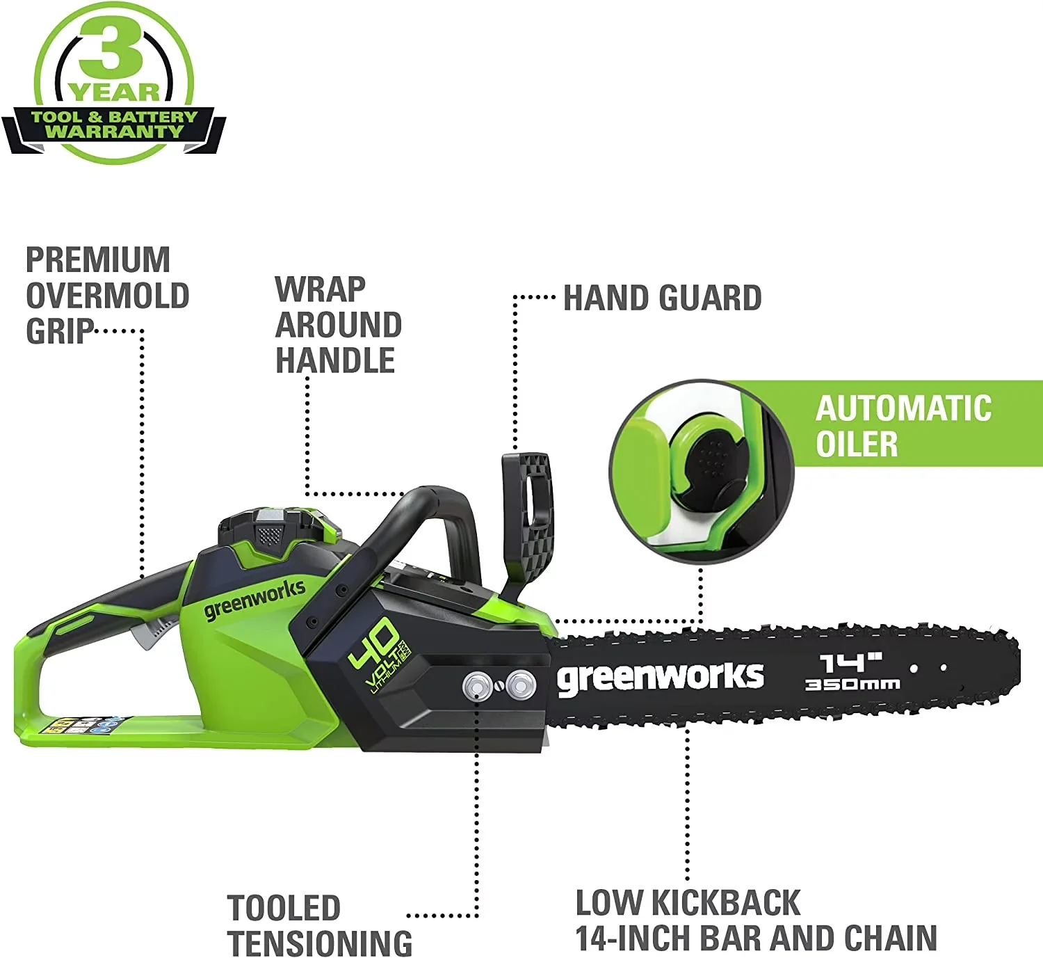 Compact Chainsaw with Battery, 40V, Automatic Chain Oiler - Green - Easy to Use Model F90E69