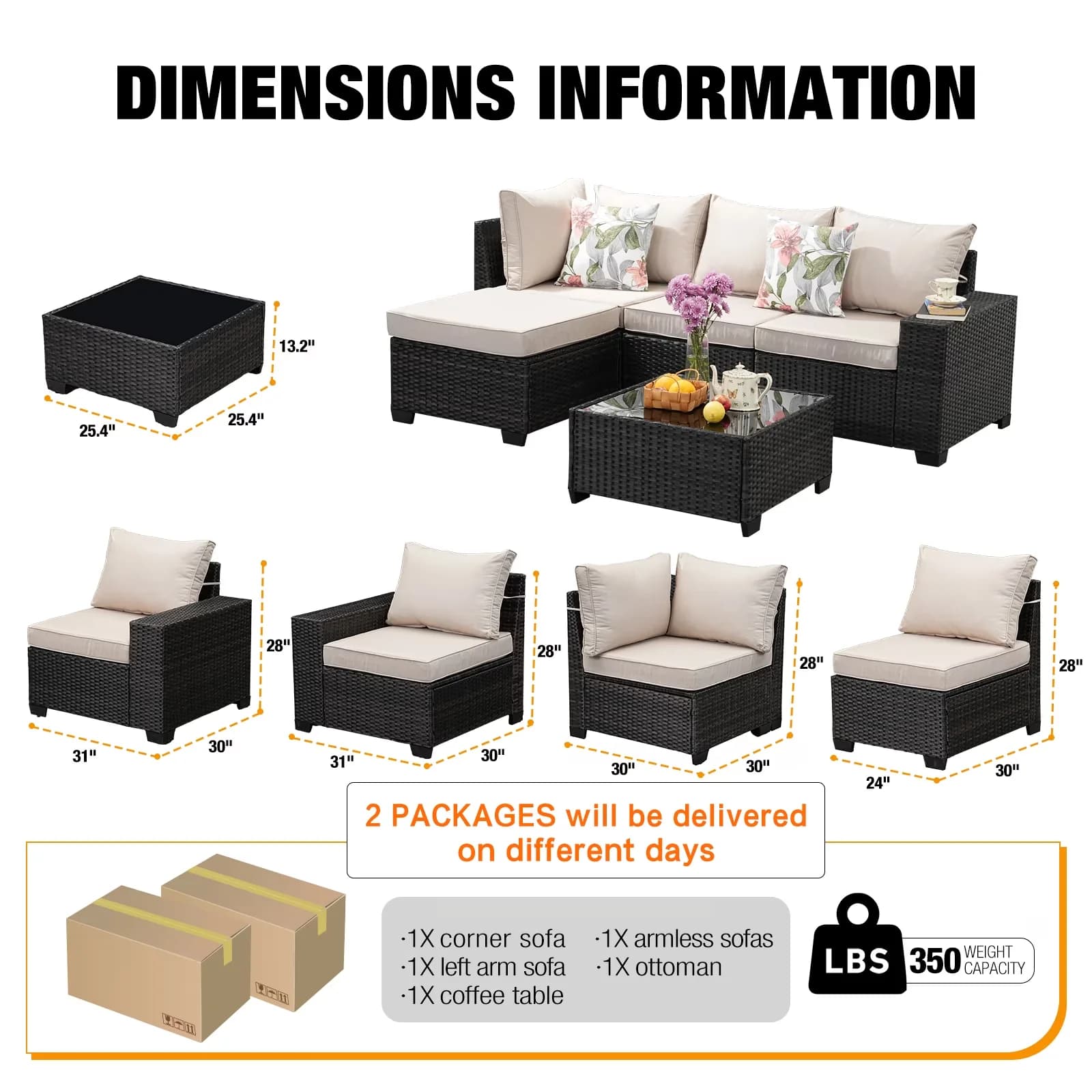 Reliable Outdoor Sofas Sectional with Modern, Waterproof, cushion and Glass Table and Ottoman - Beige Rattan Model 52E4EB
