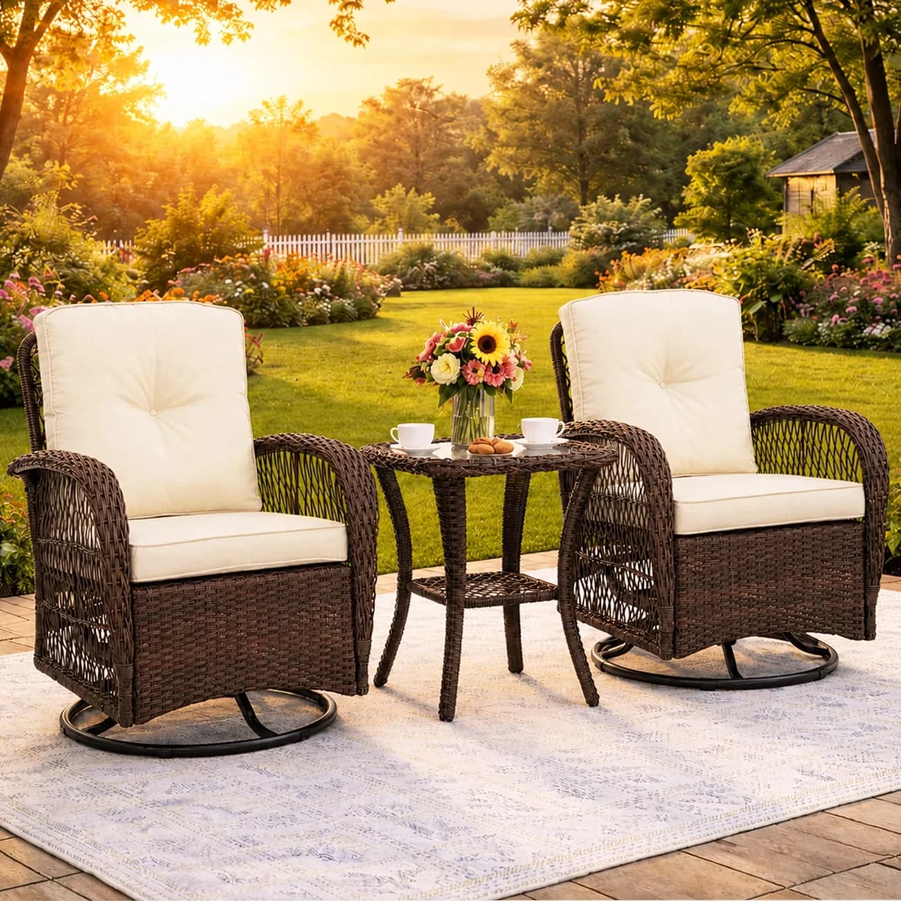 Efficient Patio Dining Set with Balcony Porch Furniture, 2-Tier Coffee Table, Thickened Cushions - Pe Rattan, Steel, Fabric & Acacia... Model FACD37