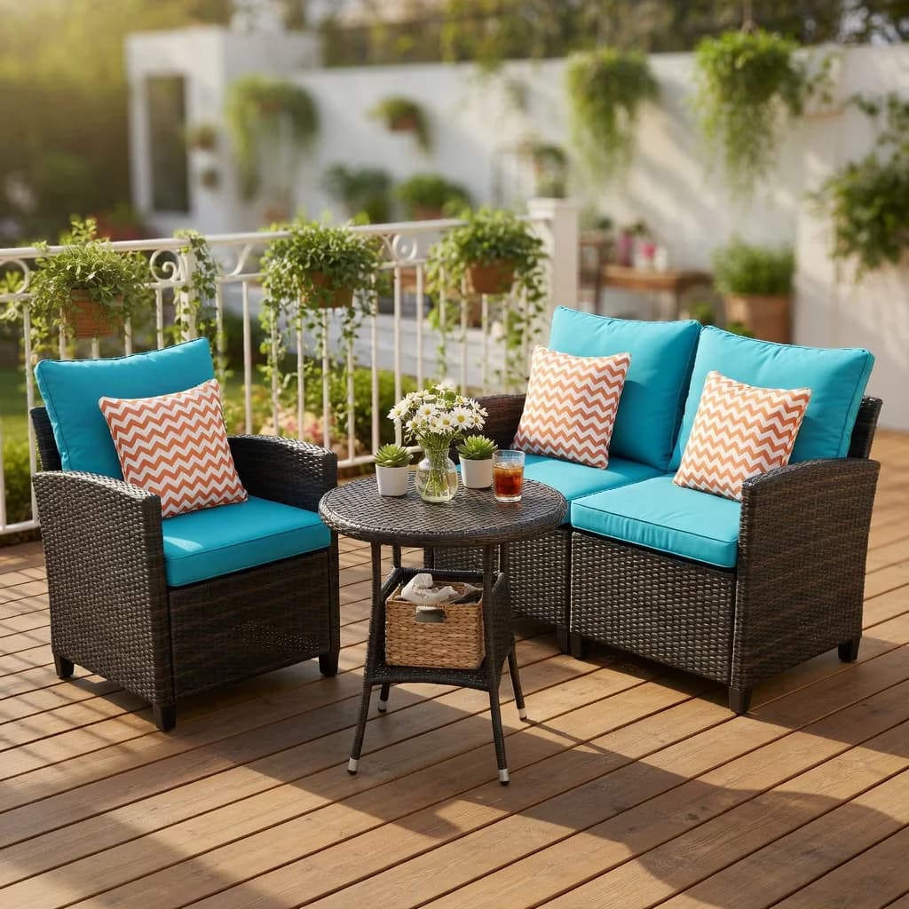 Patio Conversation Set Durable with Weatherproof, Modern Sofa Sectional Proof, Seating - Rattan, Steel, Polyester Fabric, Sponge Blue Model 01A4E5