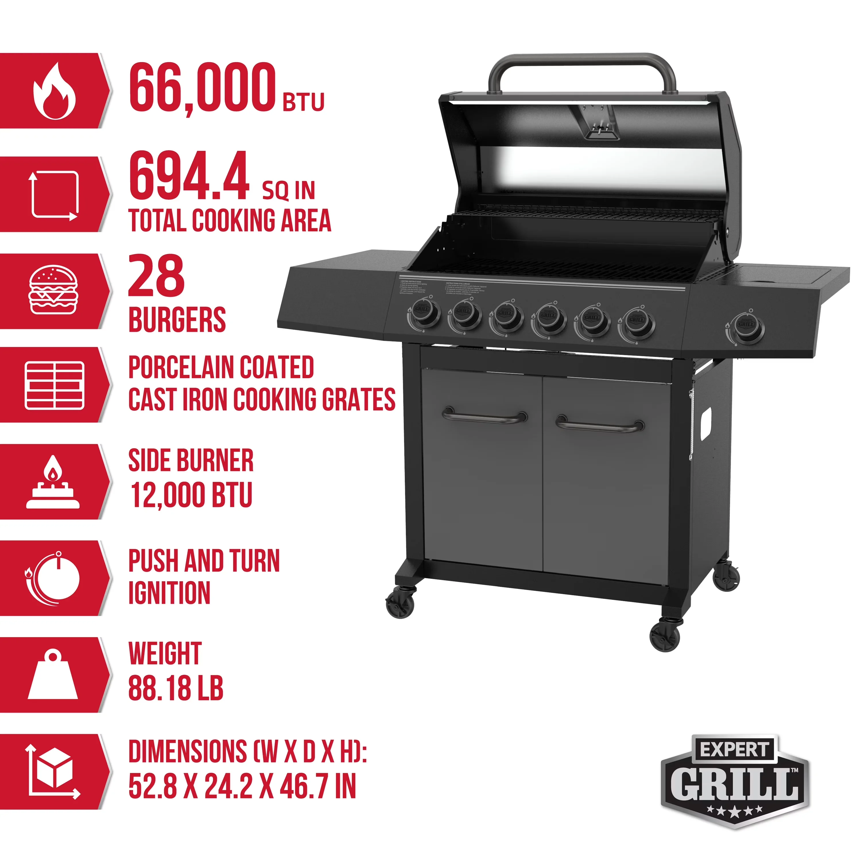 Premium Gas Grill with Tool Holder, Enclosed Cabinet, Warming Rack - Gray Powder-Coated Steel Model 654FF4