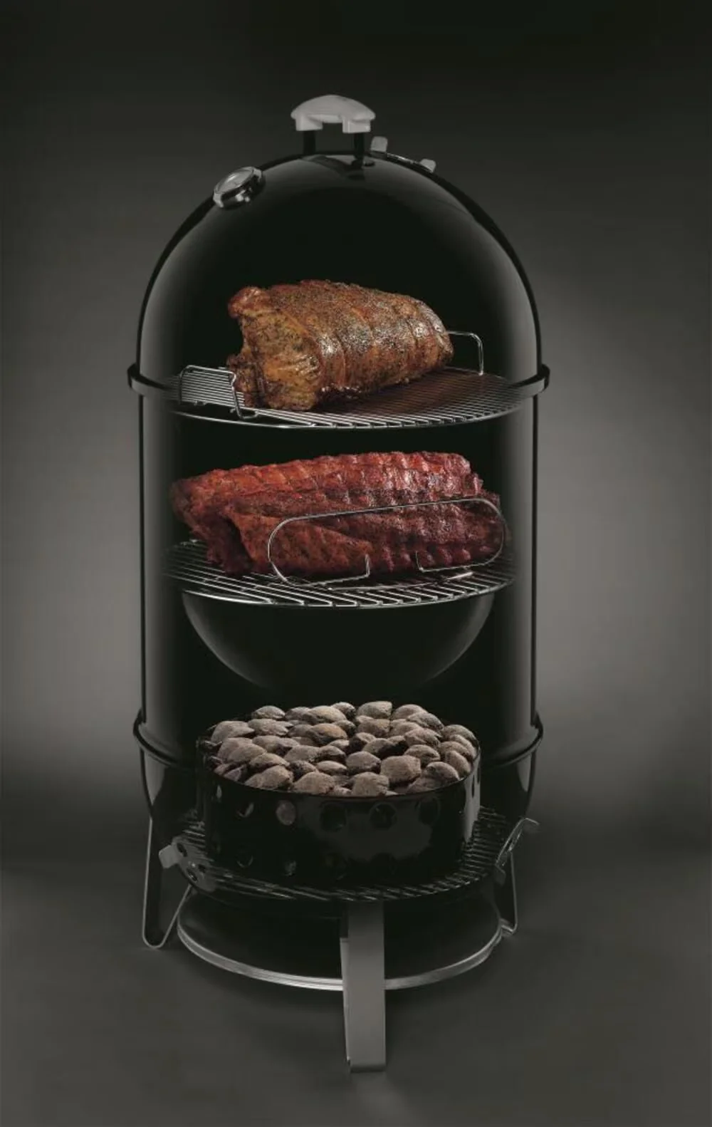 Charcoal Grill Reliable with Locking Lid, Heat Thermometer, Smokey Mountain Cooker Smoker - Painted Steel Black Model 87E49E