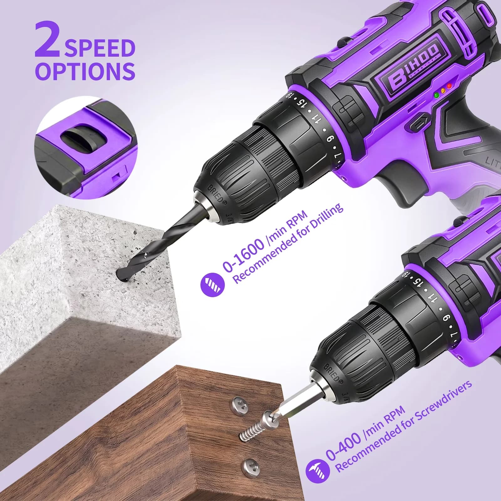 Compact Drills Driver with Battery, 20V, 20V Purple Power Drill - Purple 3/8 in Model E8619A