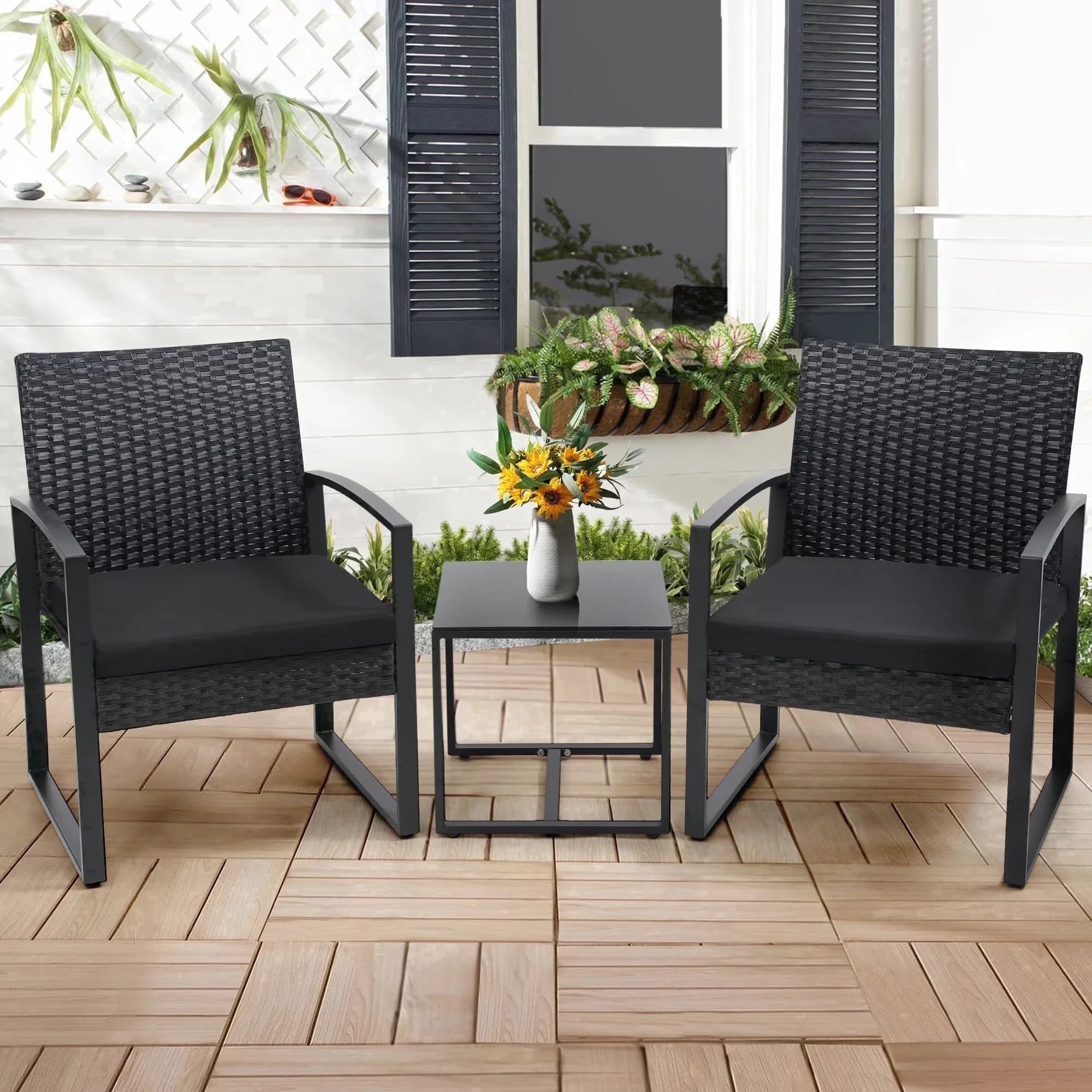 Stylish Patio Conversation Set with Weather-Resistant, 3 Piece Wicker Bistro, Perfect - Black Powder-Coated Metal, Rattan Model C2166C