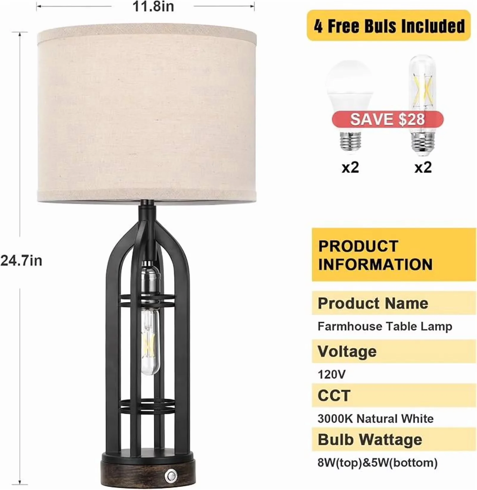 Stylish Lamp Set with LED, Dimmable, 24.7'' Tall Farmhouse Table Lamps - Black Metal Model 32A759