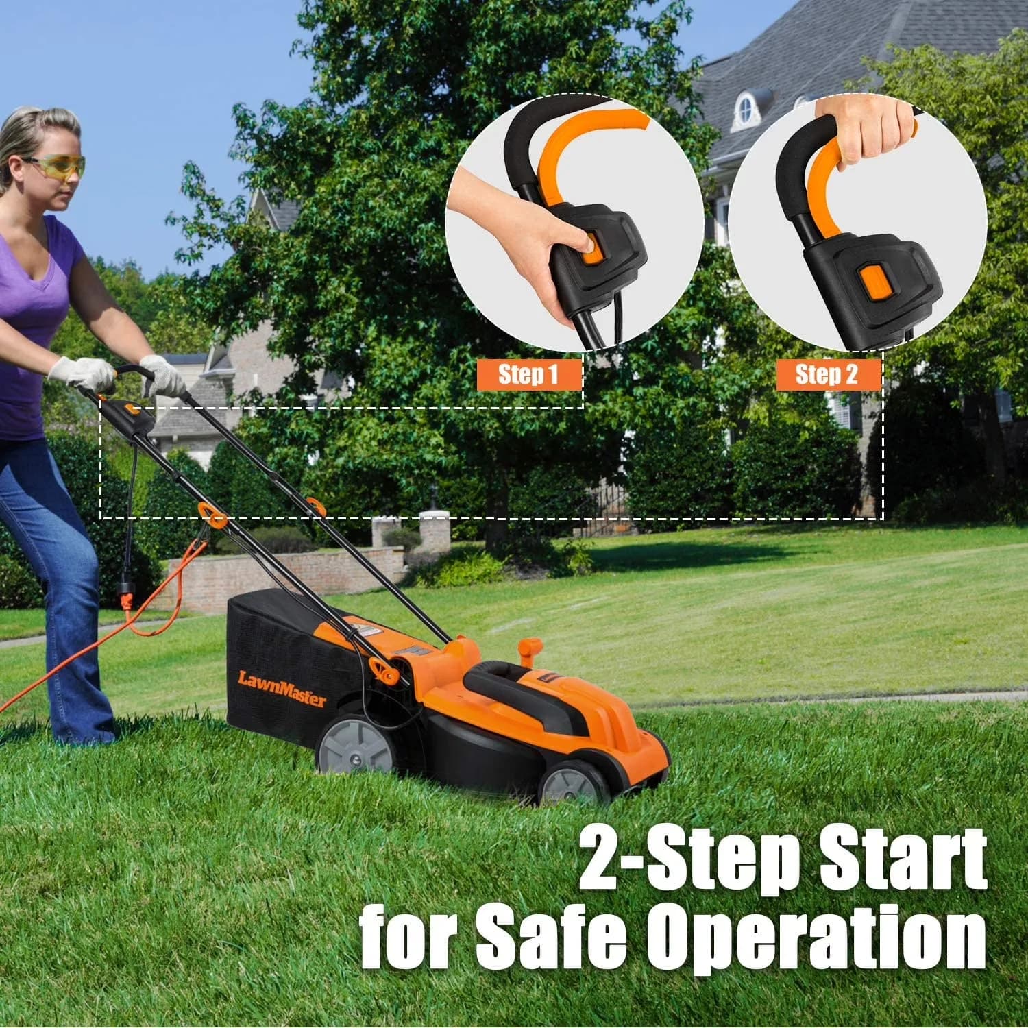 Quality Push Mower with Rust Resistant, Adjustable Handle Bar, Electric Corded Lawn 14-Inch 10AMP - Model 3F701B
