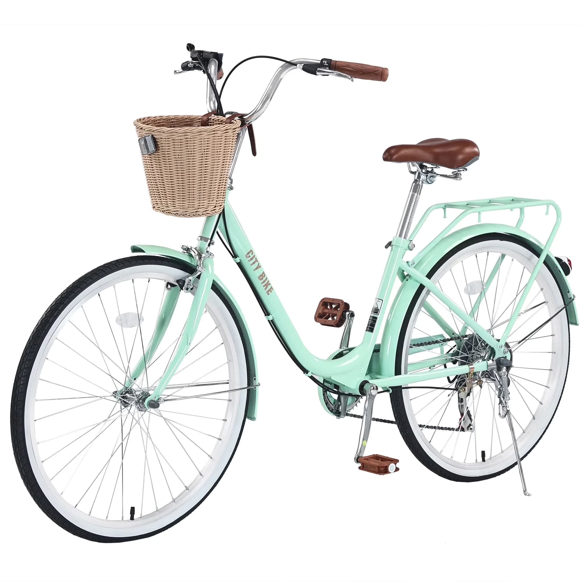 Compact Cruiser Bike with City 26 inch Bicycle 7 Speed, Woven Basket - Green Model 001E55