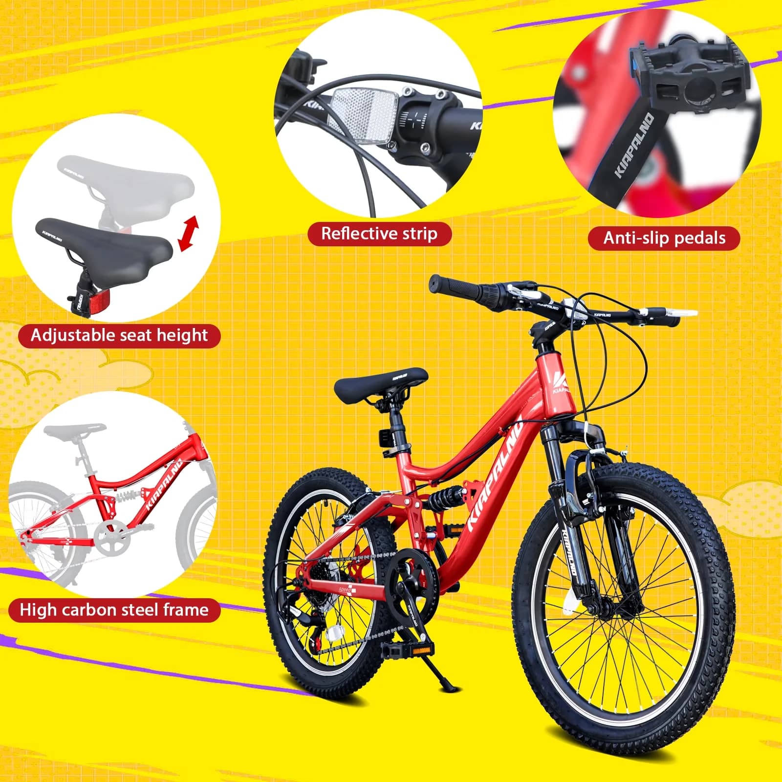 Versatile Mountain Bike with 20 Inch Kids Full Suspension, Dual V-Brakes and Carbon Steel Frame - Red Model F7C059