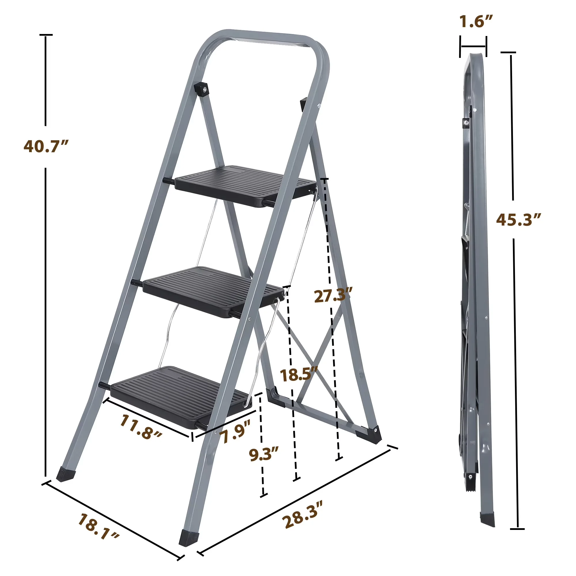Efficient Ladders And Step Stool with Color: Gray & Black, Handgrip, Open Dimensions: 28" L x 18" W x 41" H - Steel 3-Step Model 663F2F