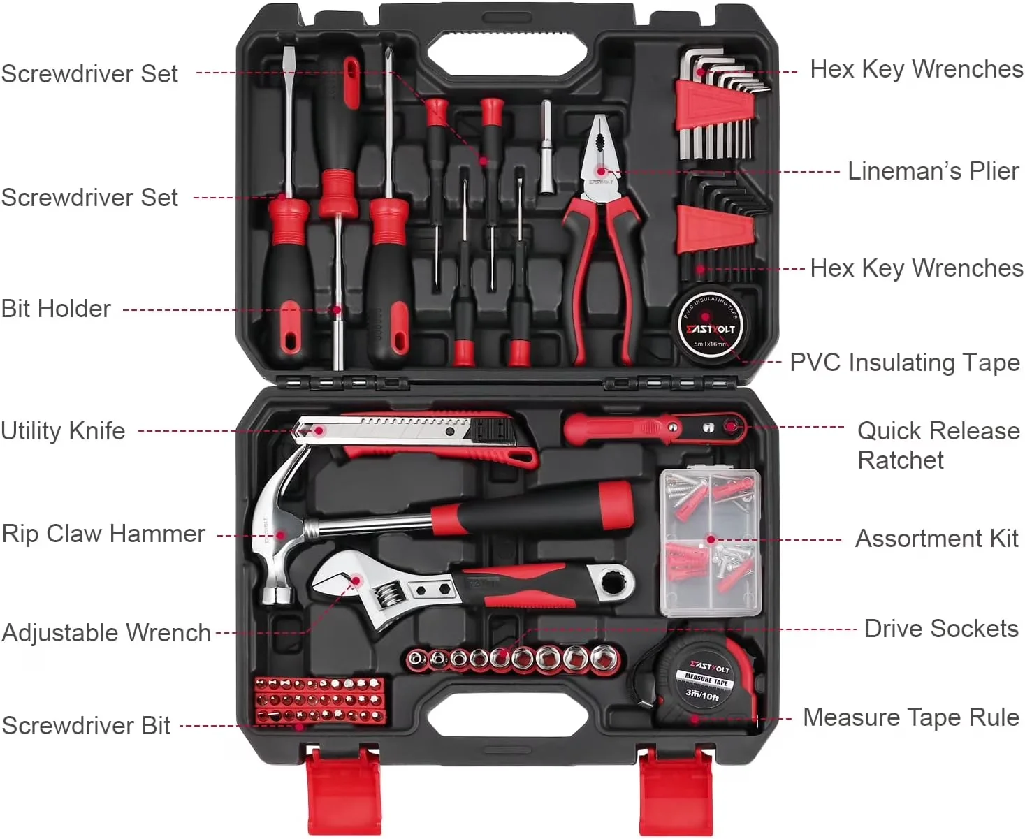 Versatile Hand Tool Set with Adjustable, 128-Piece Home Repair, Sets - Red Model CEB29E