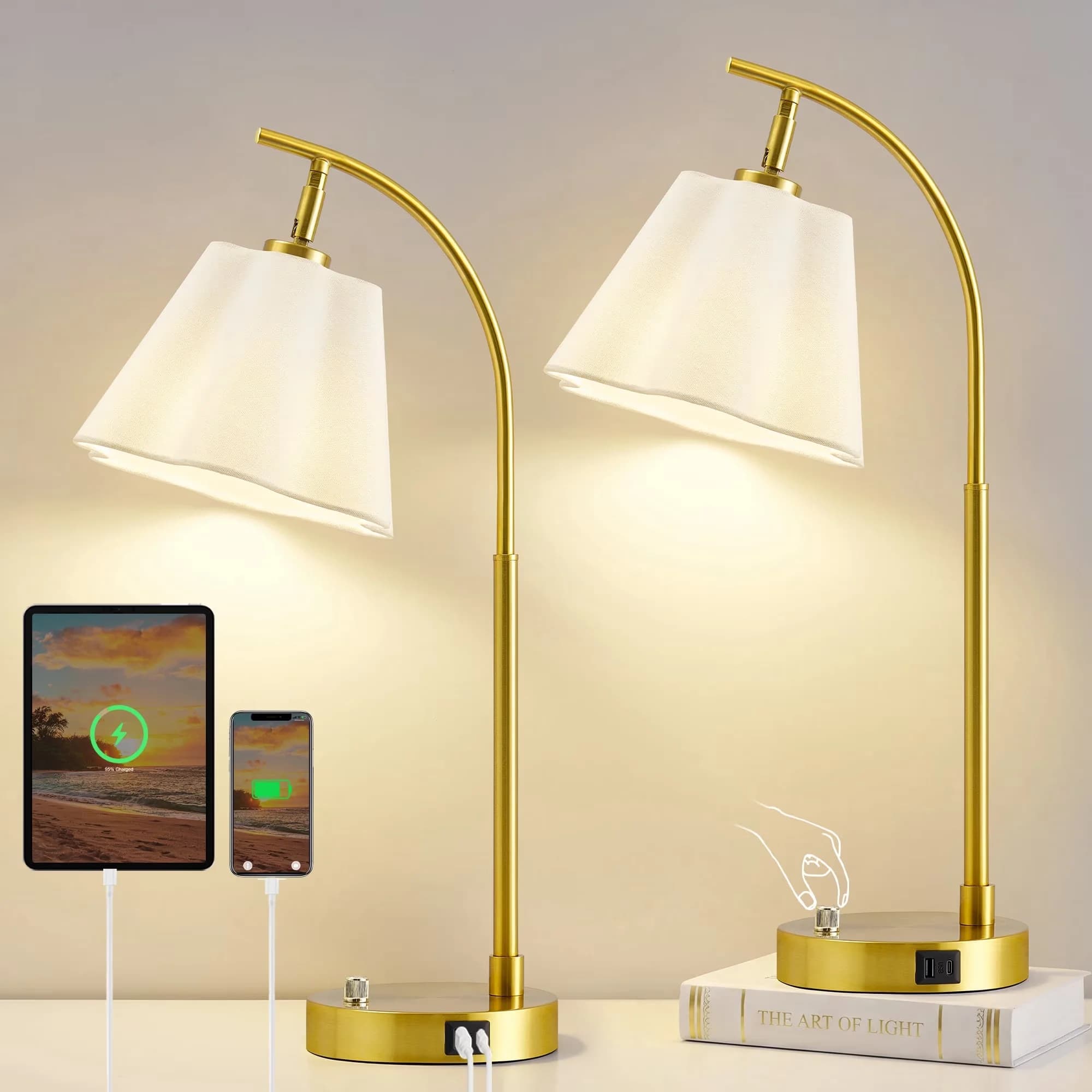 Essential Lamp Set with LED, Adjustable Head, Dimmable - Metal, Fabric White, Gold for Bedroom Model D46DEF
