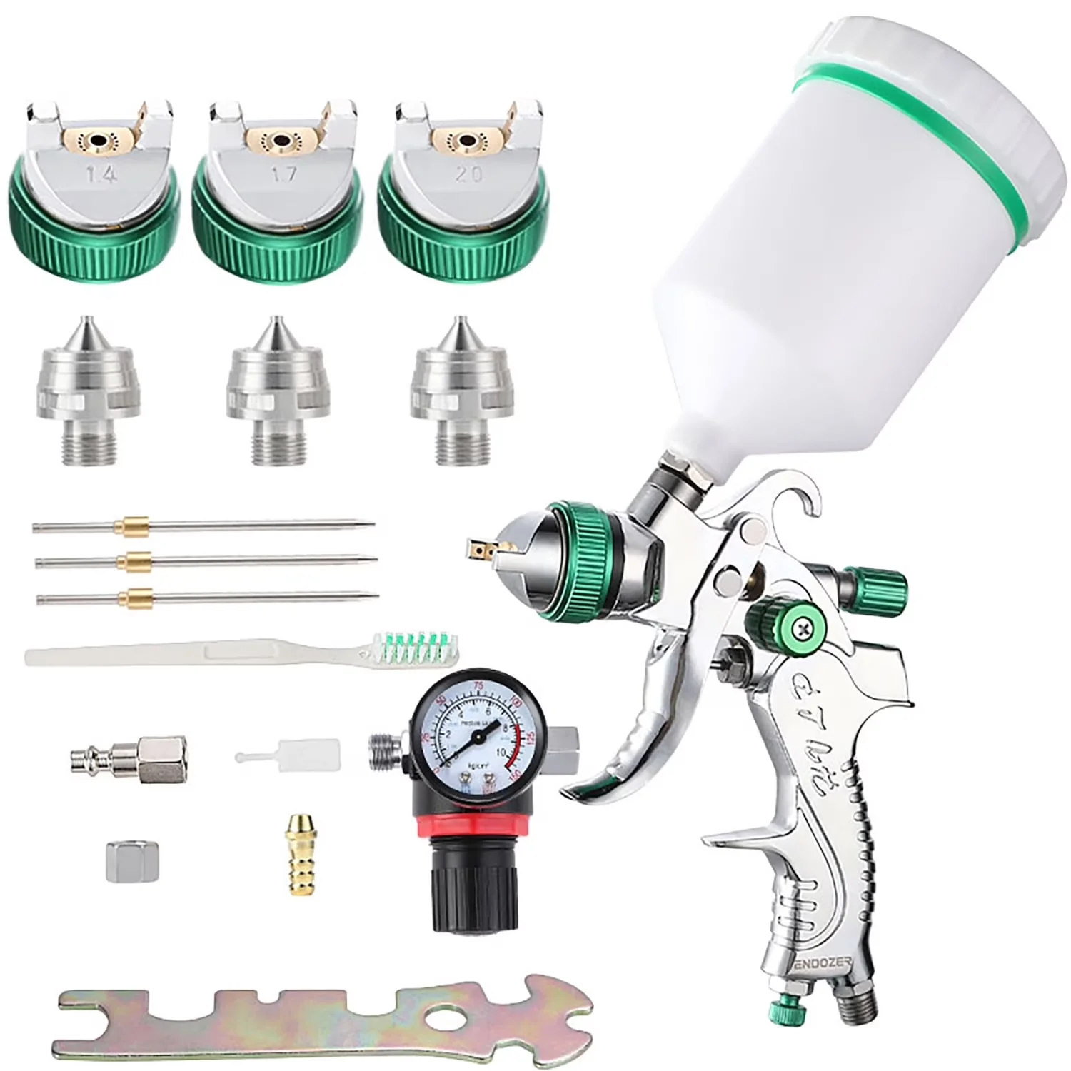 Durable Air Tools Compressor with Adjustable, Professional Grade Paint Sprayer, 600 ml Plastic Cup - Green Nozzle-1.4/1.7/2.0 Model 647295