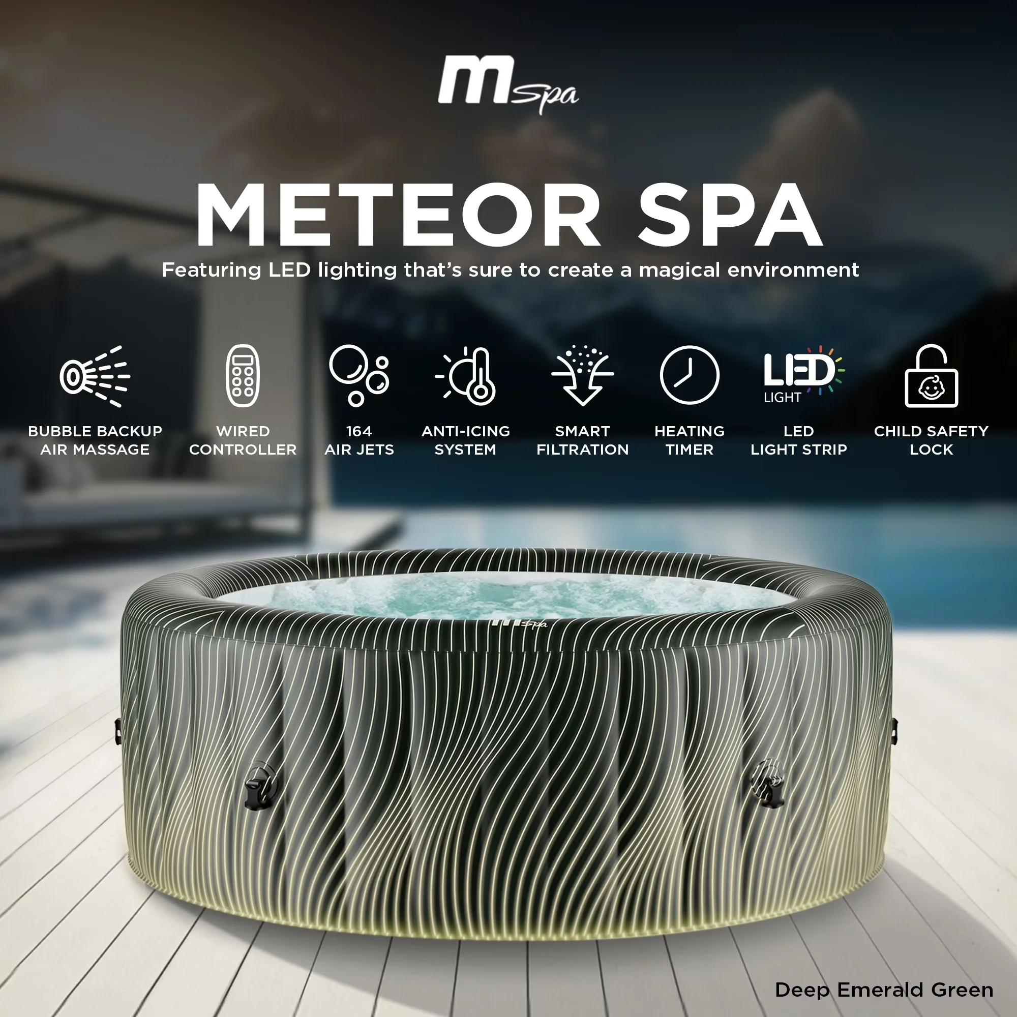 Professional Hot Tub with LED, Inflatable, MSpa Round Inflatable Bubble Spa - Black Model 241494