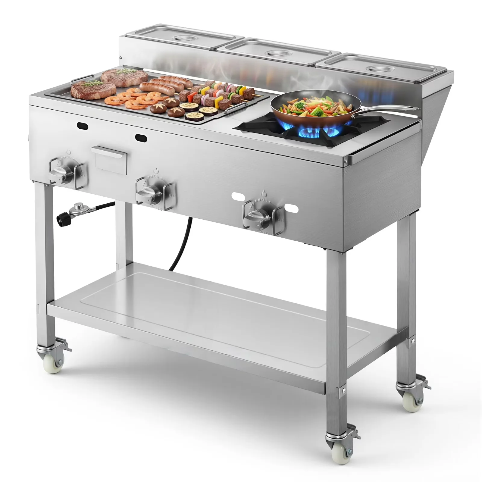 Flat Top Grill Stylish with 11600 BTU, Commercial Stainless Steel Griddle, Three 1/3 Size Food Pans - Model F16CFD