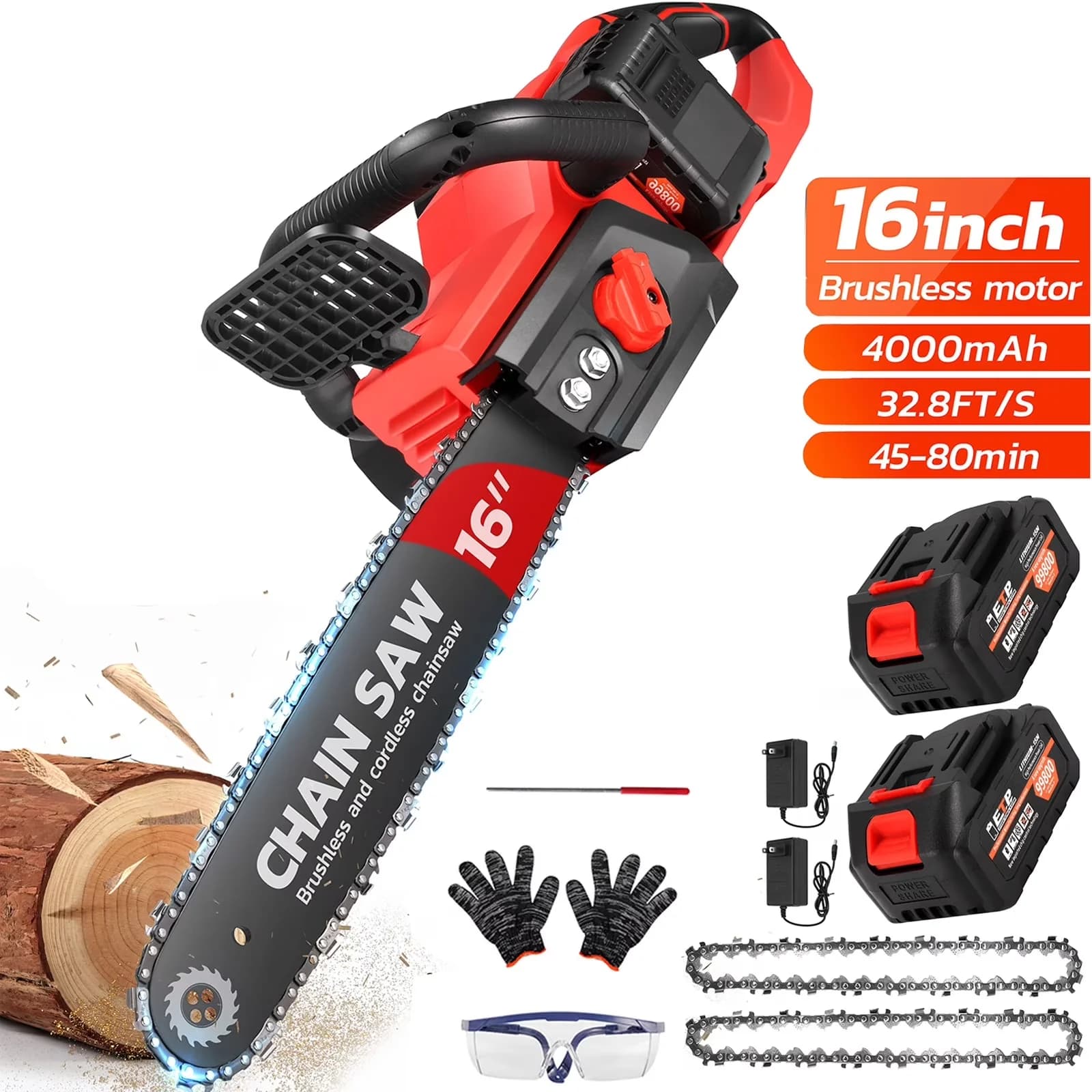 Innovative Chainsaw with Battery, 1200W, 42V - Red - Residential Grade Model B8F606