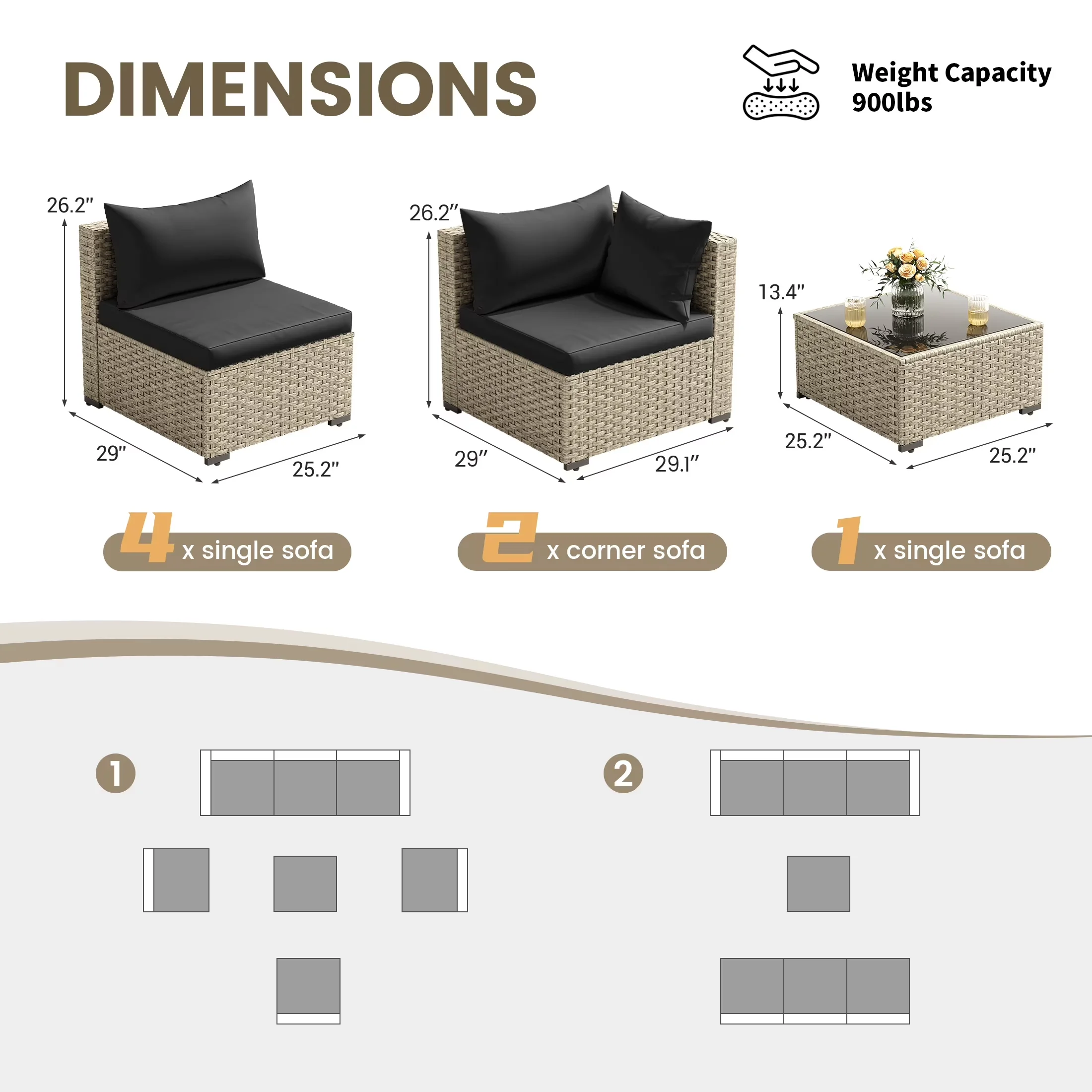 Outdoor Sofas Sectional Compact with Mid-Century, Waterproof, Cushions - Pe Resin Weave Black Model FF9B40