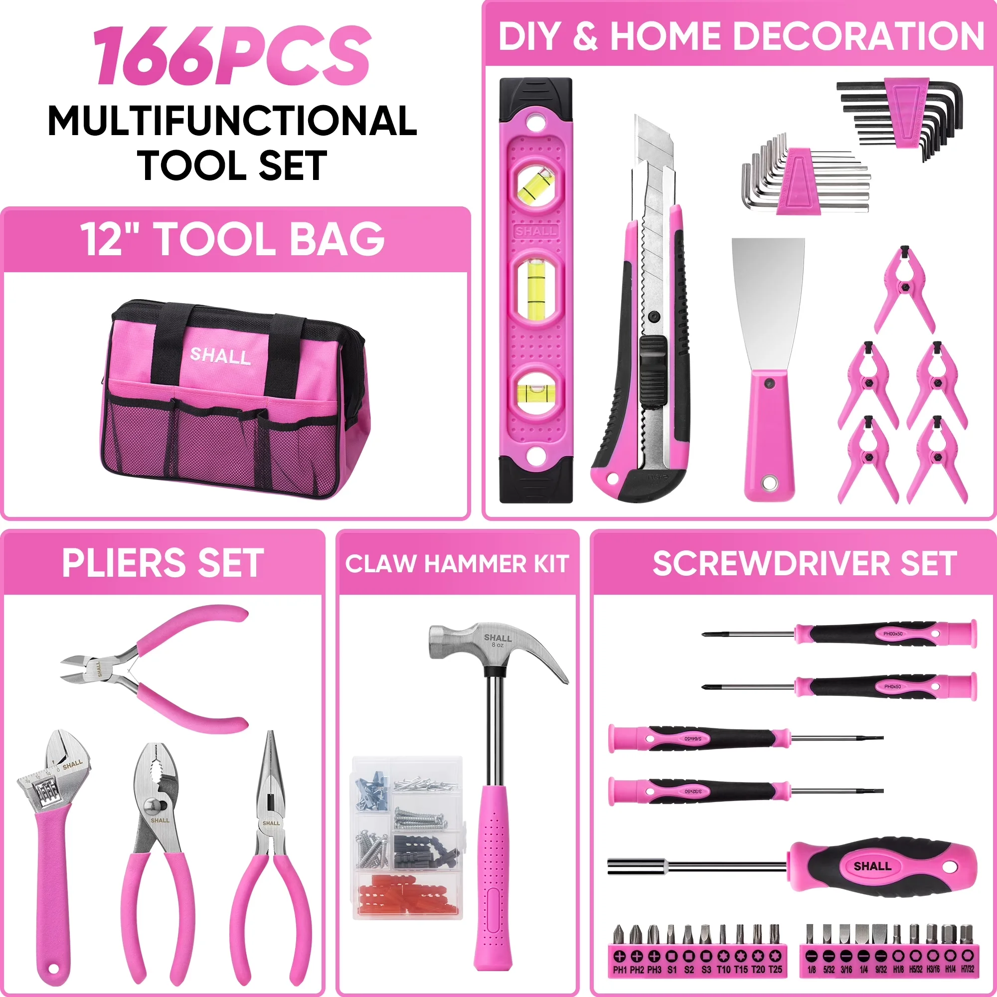 Hand Tool Set Compact with Ergonomic Handle, Pink - Pink 166pcs - Rustic Charm Model A757EE