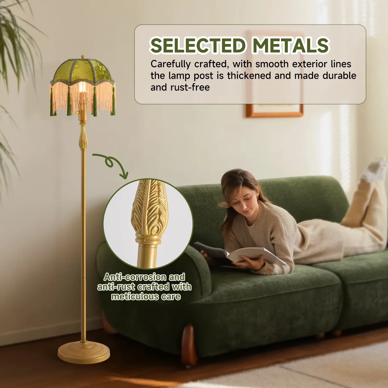 Classic Floor Lamp with LED, Traditional, Retro tassel - Metal Green - Satisfaction Guaranteed Model 9E7684